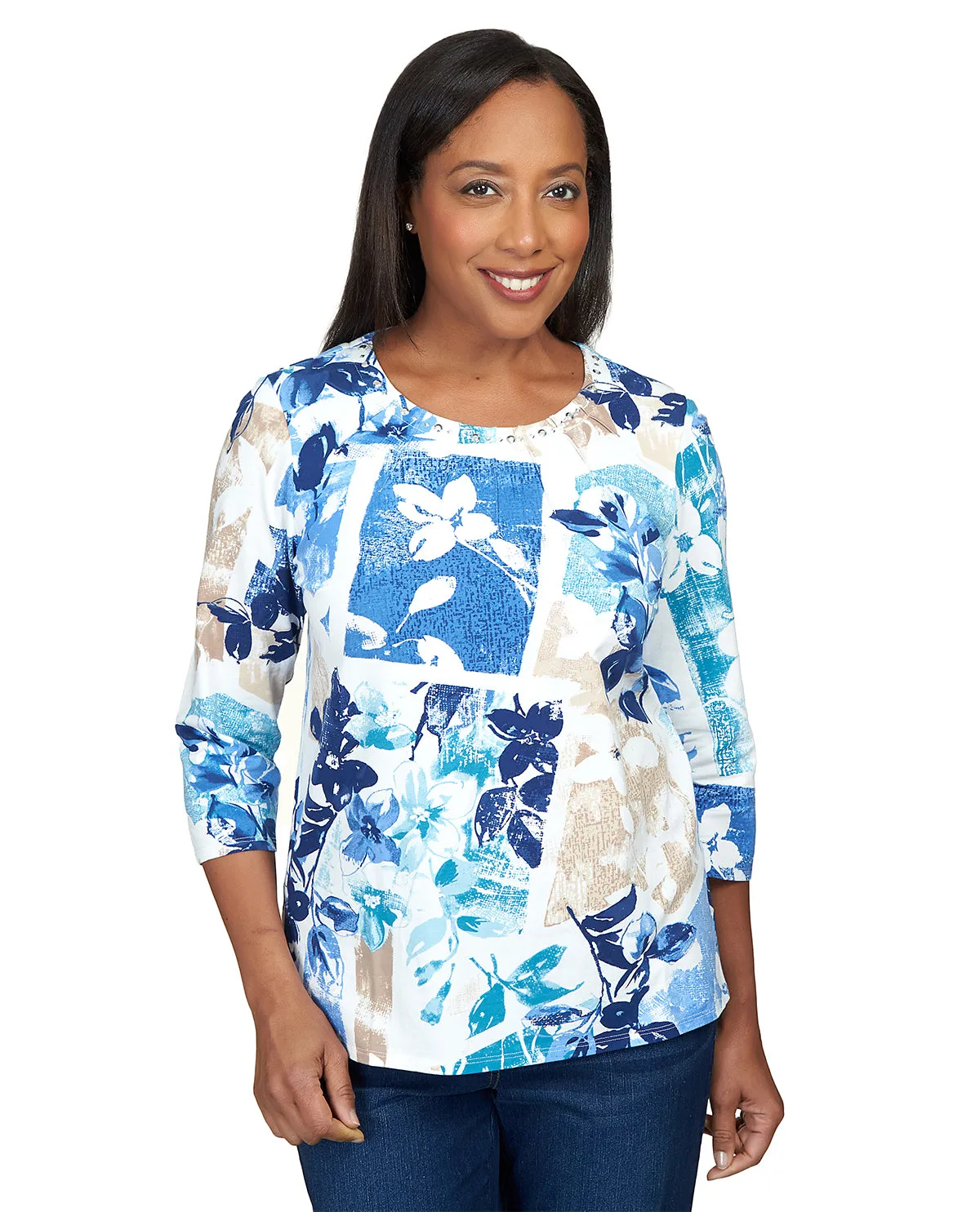 Alfred Dunner Key Item Blue Floral Patchwork Knit Top