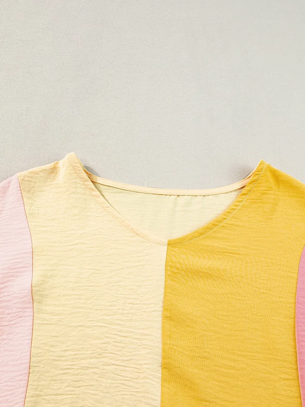 Apricot Patchwork Colorblock V Neck Summer T Shirt