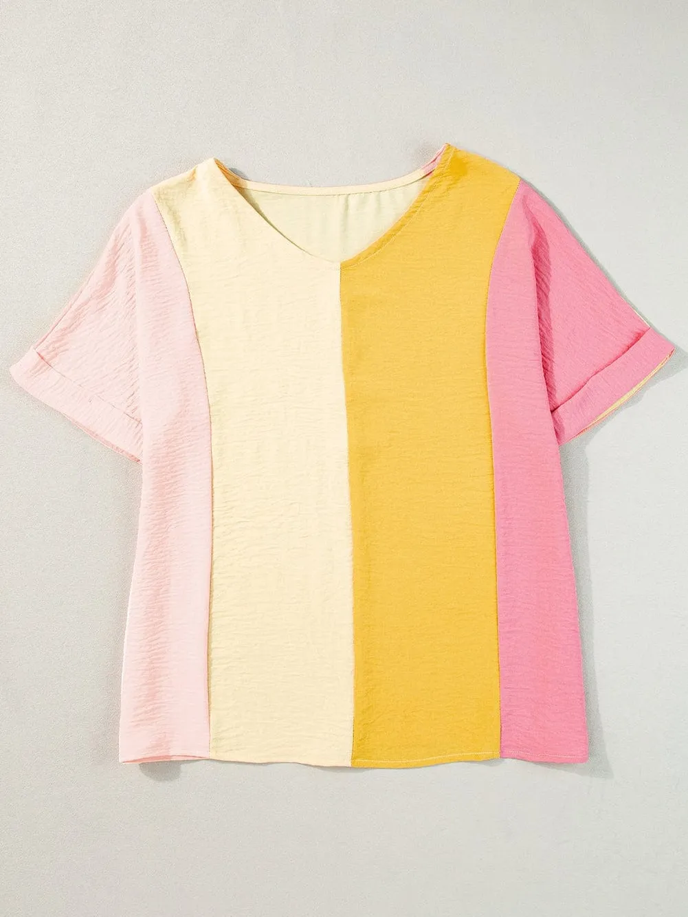 Apricot Patchwork Colorblock V Neck Summer T Shirt