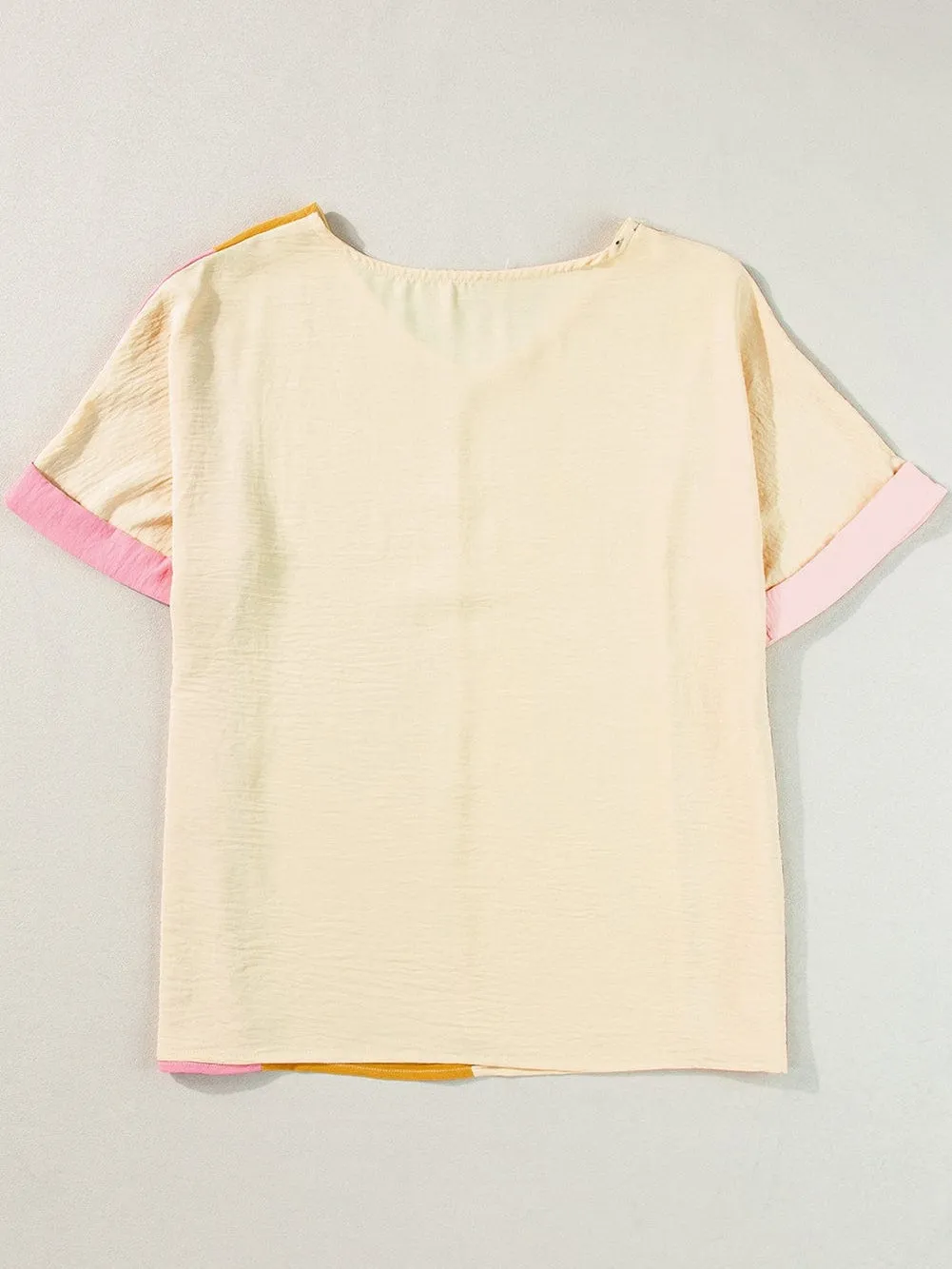 Apricot Patchwork Colorblock V Neck Summer T Shirt