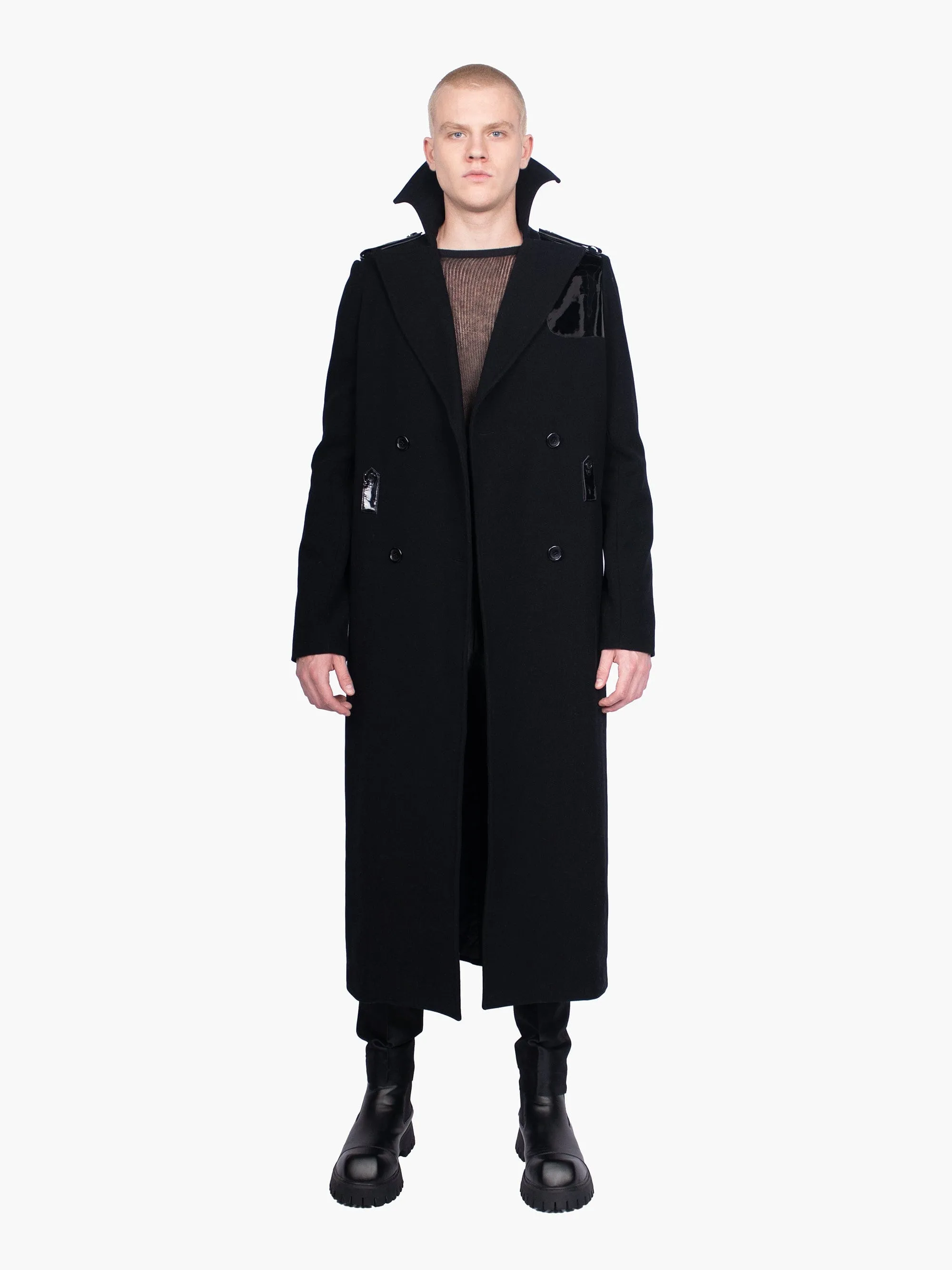 Black Wool Longline Coat with Patent Details