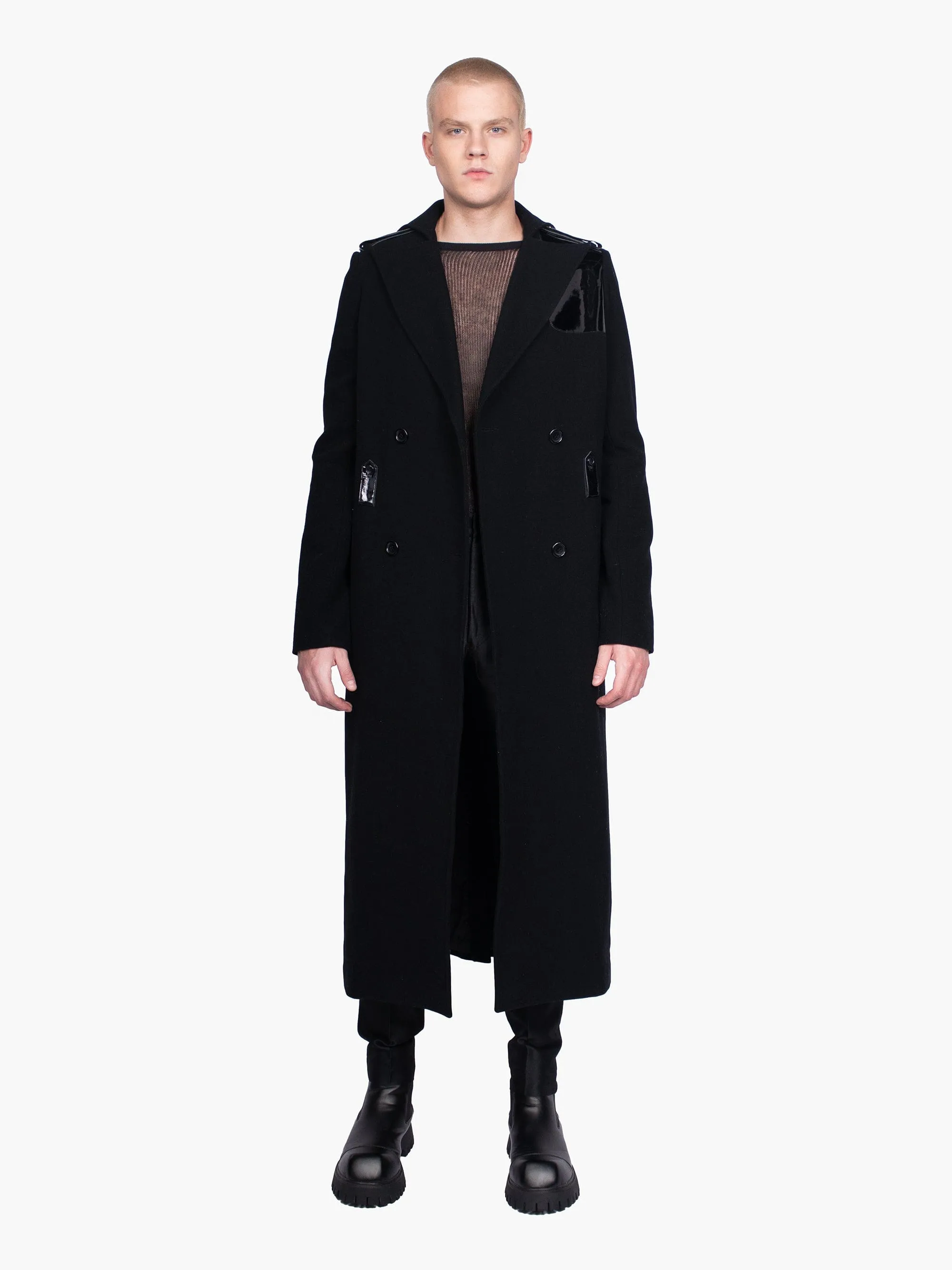 Black Wool Longline Coat with Patent Details