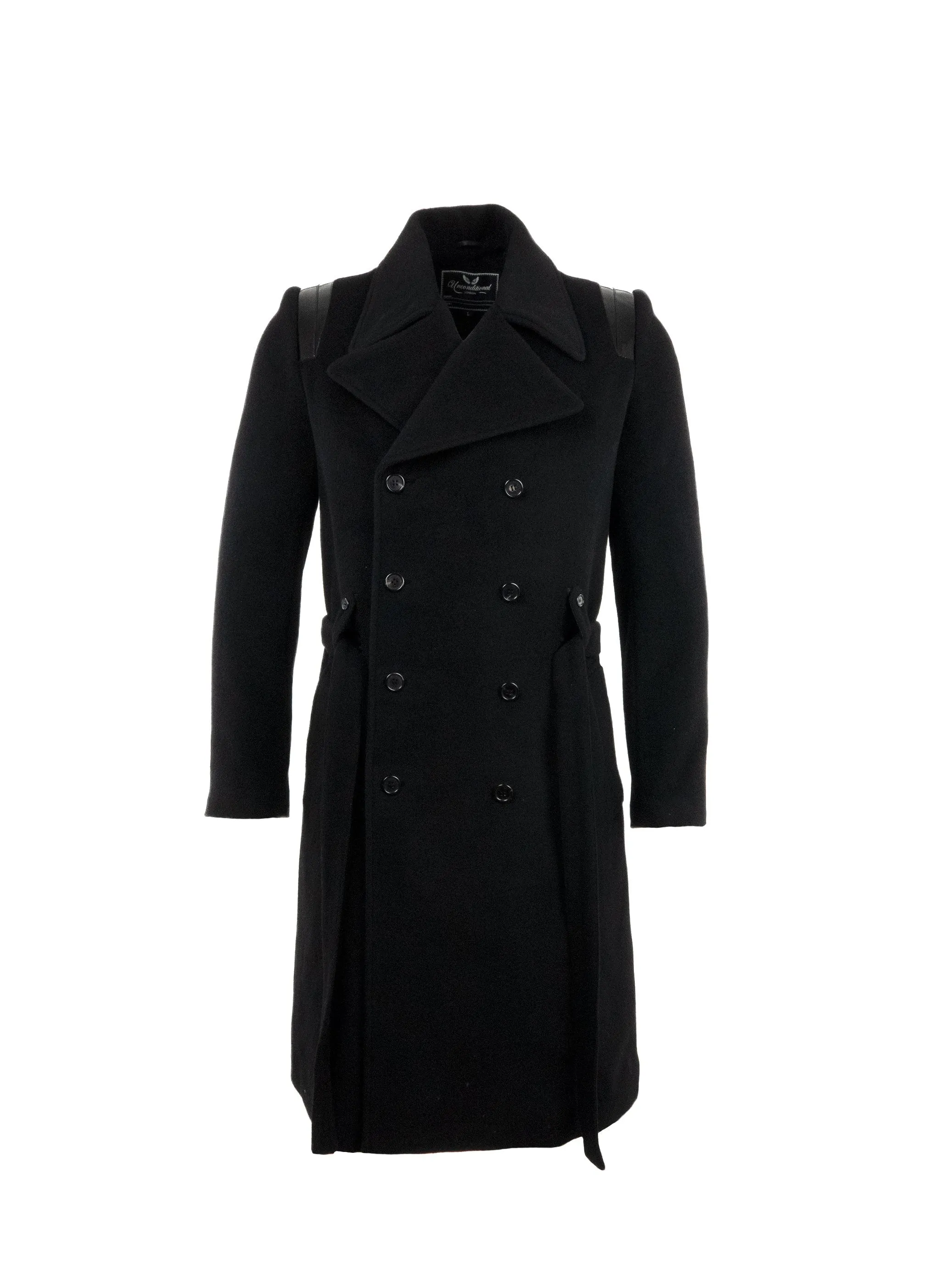 Black Wool Longline Coat with Patent Details