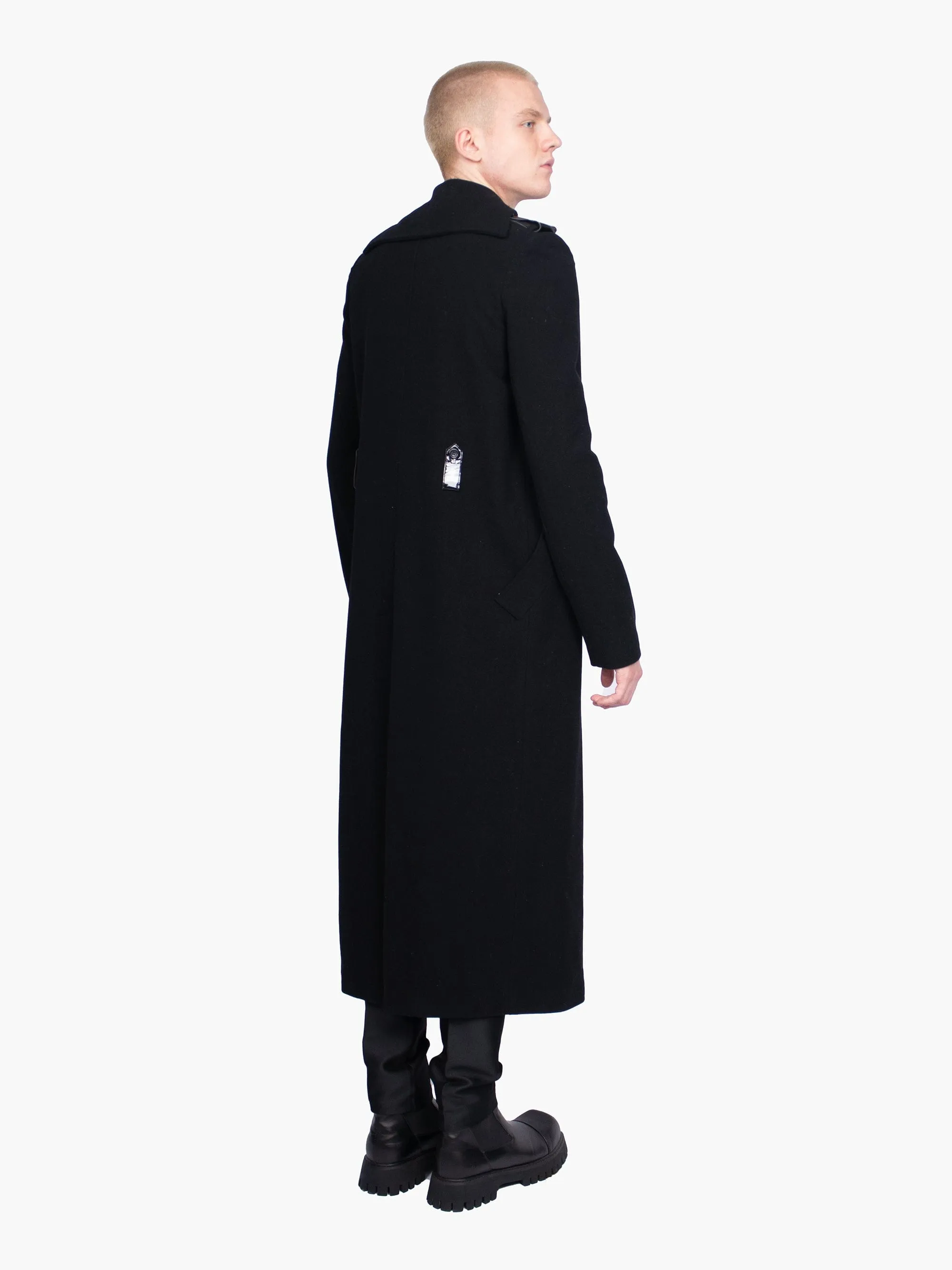 Black Wool Longline Coat with Patent Details
