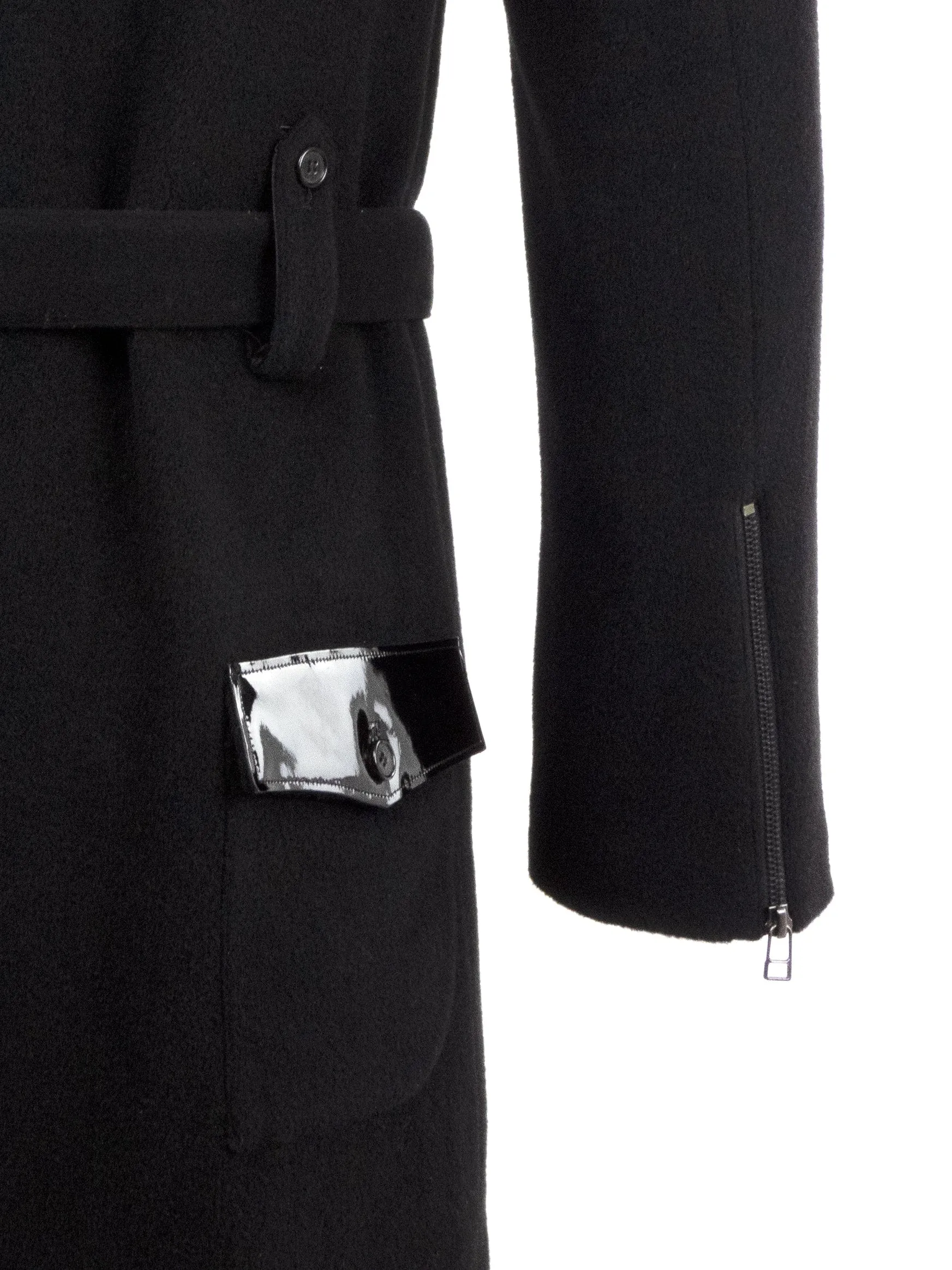 Black Wool Longline Coat with Patent Details