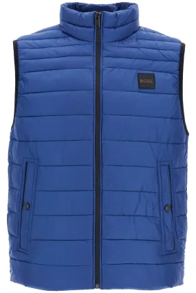 BLUE STRIPED PADDED GILET WITH HIGH COLLAR