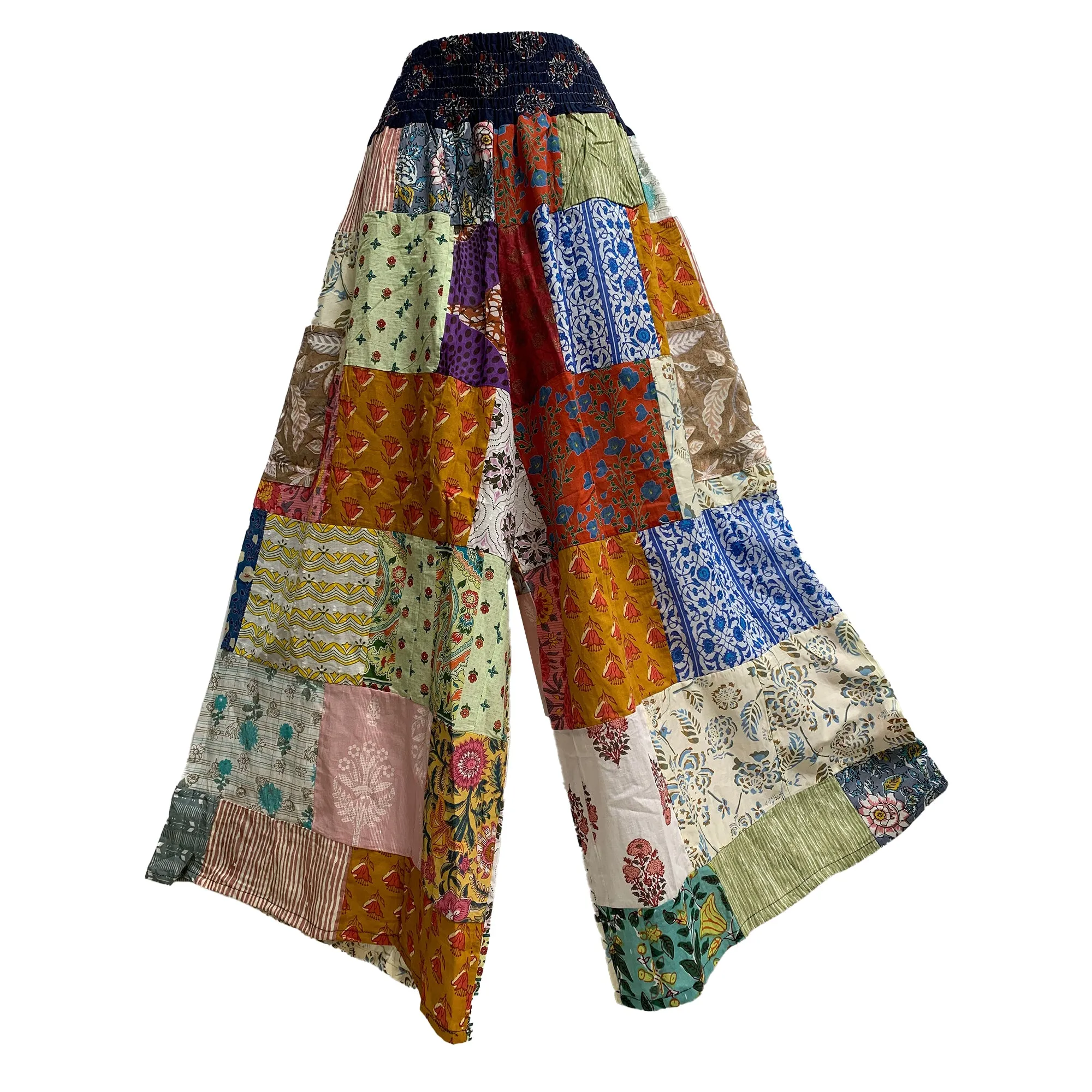 Boho Hippie Multicolor Patchwork Ethnic Wide Leg Trouser Cotton Palazzo With Two Pockets