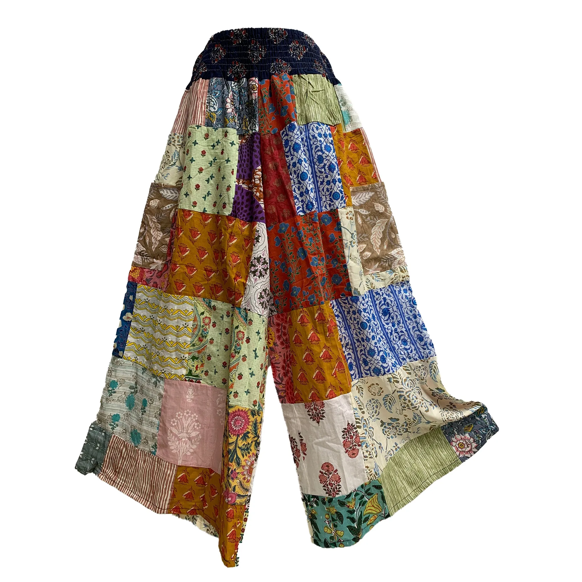 Boho Hippie Multicolor Patchwork Ethnic Wide Leg Trouser Cotton Palazzo With Two Pockets