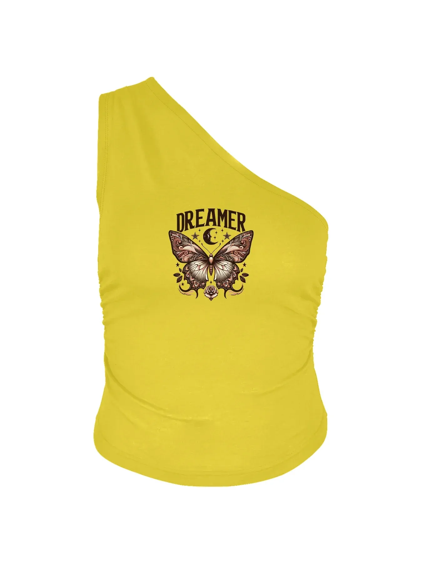 Butterfly With Elements Dreamer Print Crop One Shoulder Tank Top Sleeveless Casual Top For Summer & Spring Women's Clothing