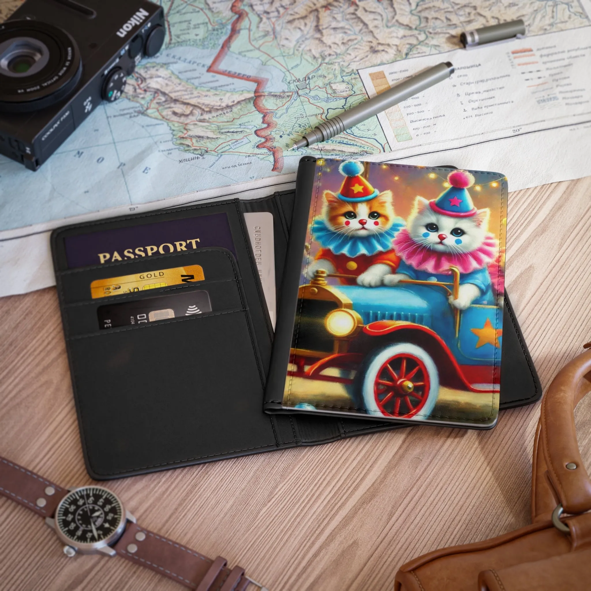 Cat Circus Clown Car - Passport Cover - Travel Wallet
