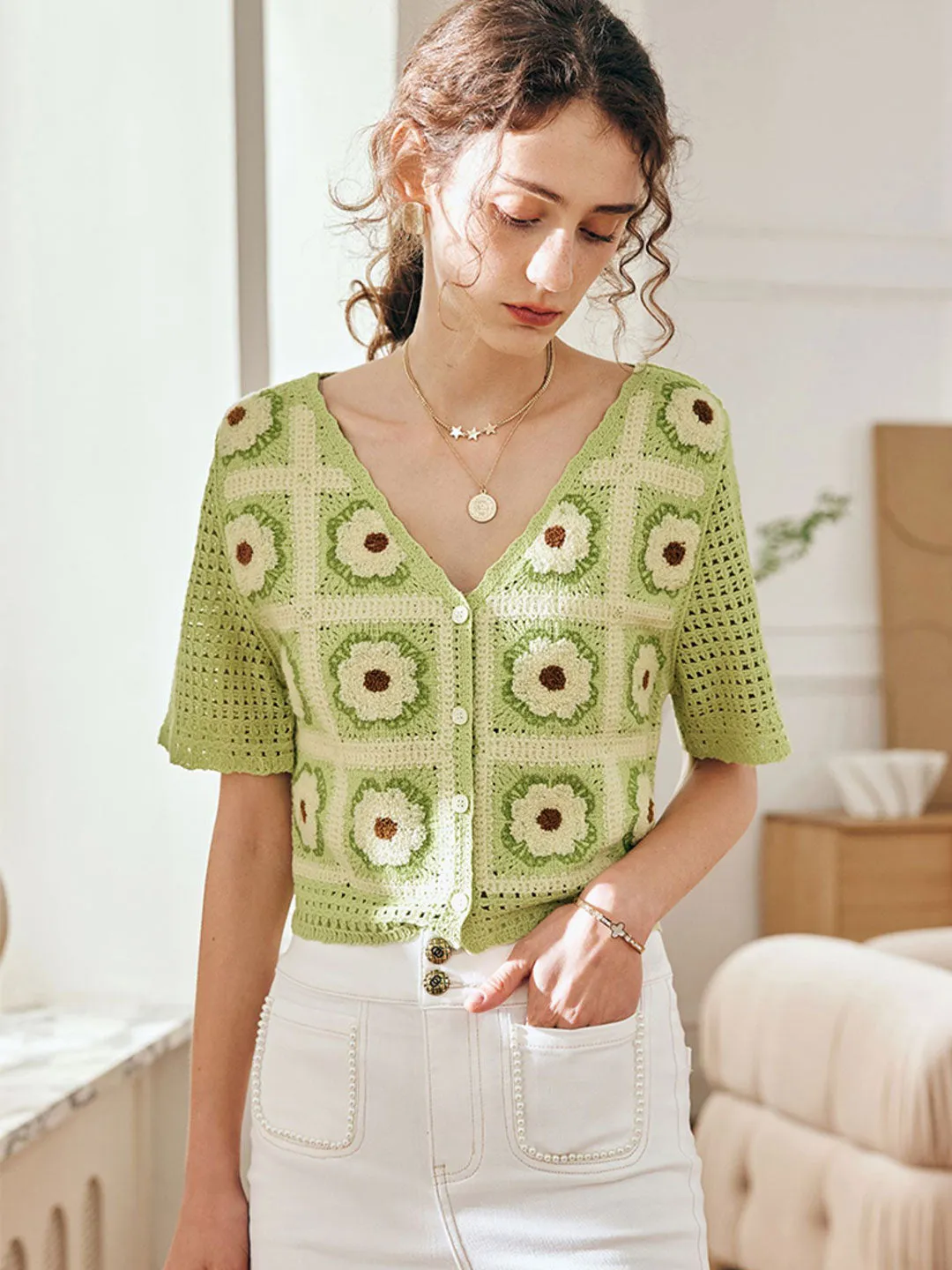 Claire Classic Hollow V-neck Knitted Cardigan