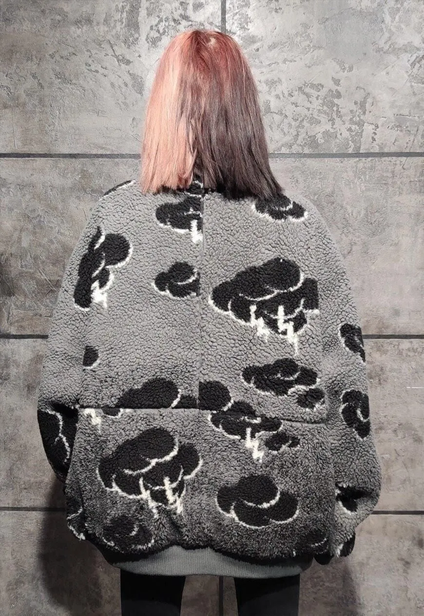 Cloud fleece jacket faux fur sky print bomber jacket grey