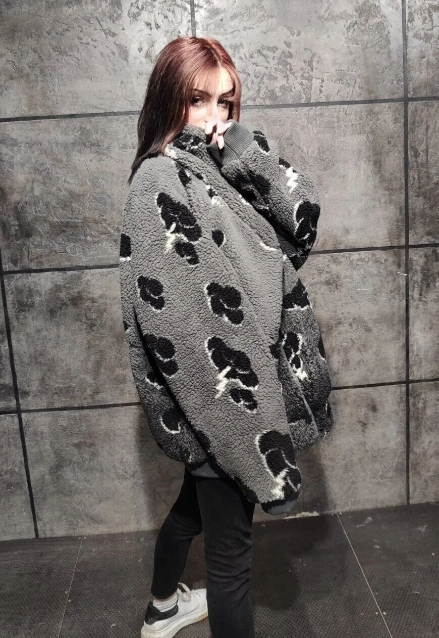 Cloud fleece jacket faux fur sky print bomber jacket grey