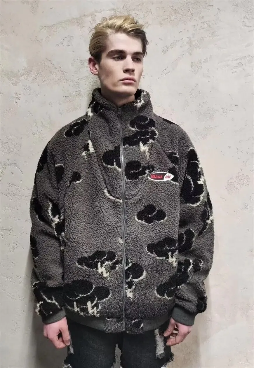 Cloud fleece jacket faux fur sky print bomber jacket grey