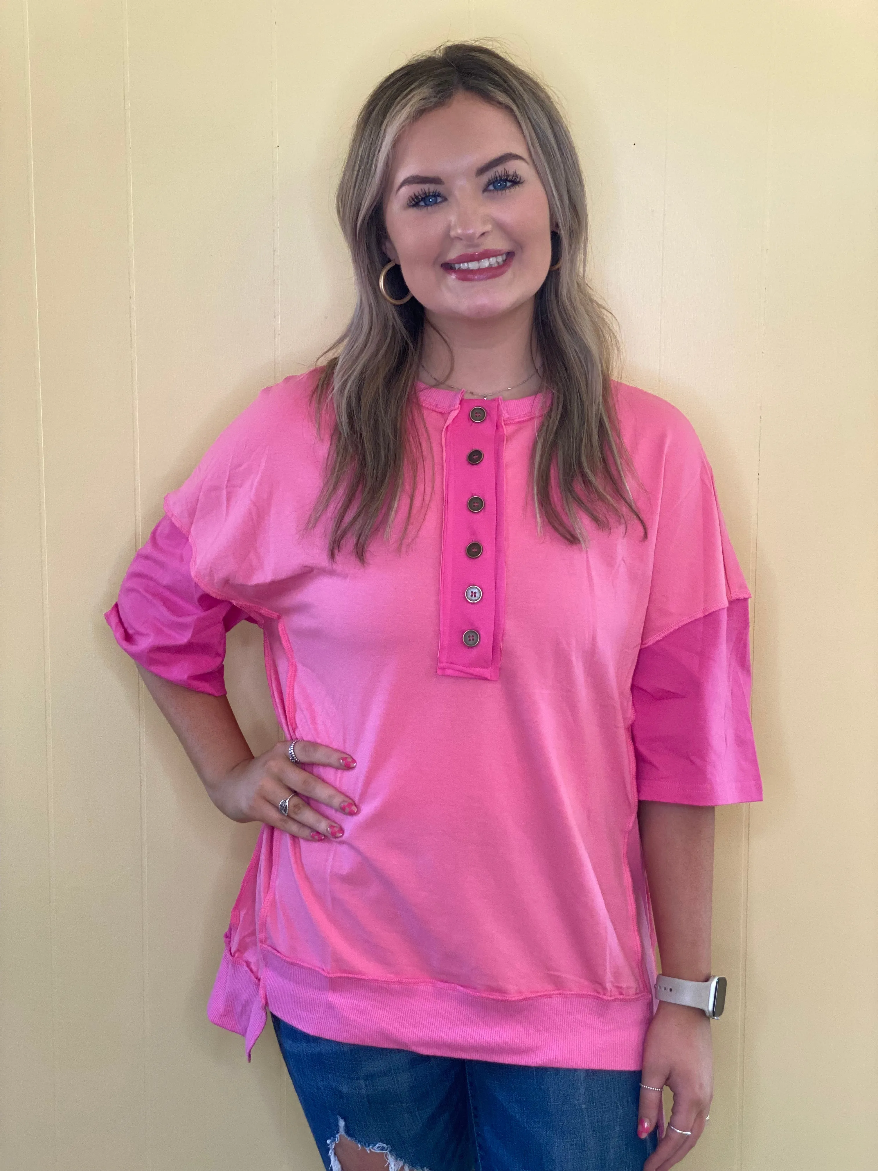 Contrast Pink Patchwork Half Button T Shirt
