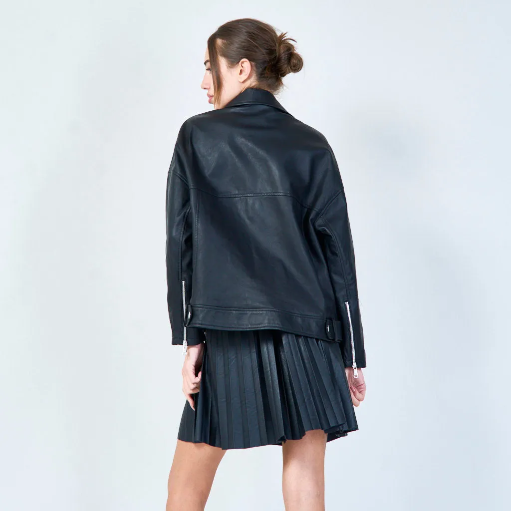 Cropped moto leather jacket with zip details wholesale