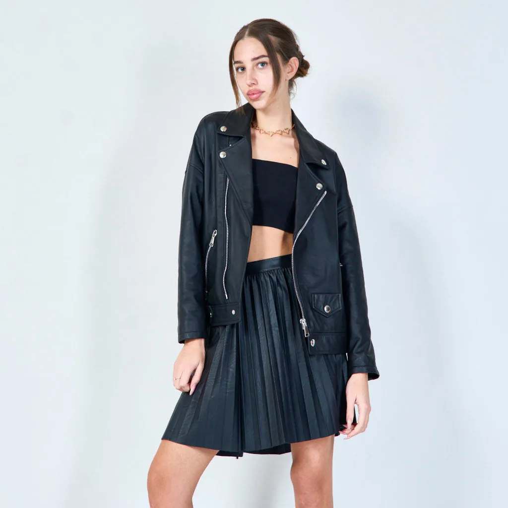 Cropped moto leather jacket with zip details wholesale