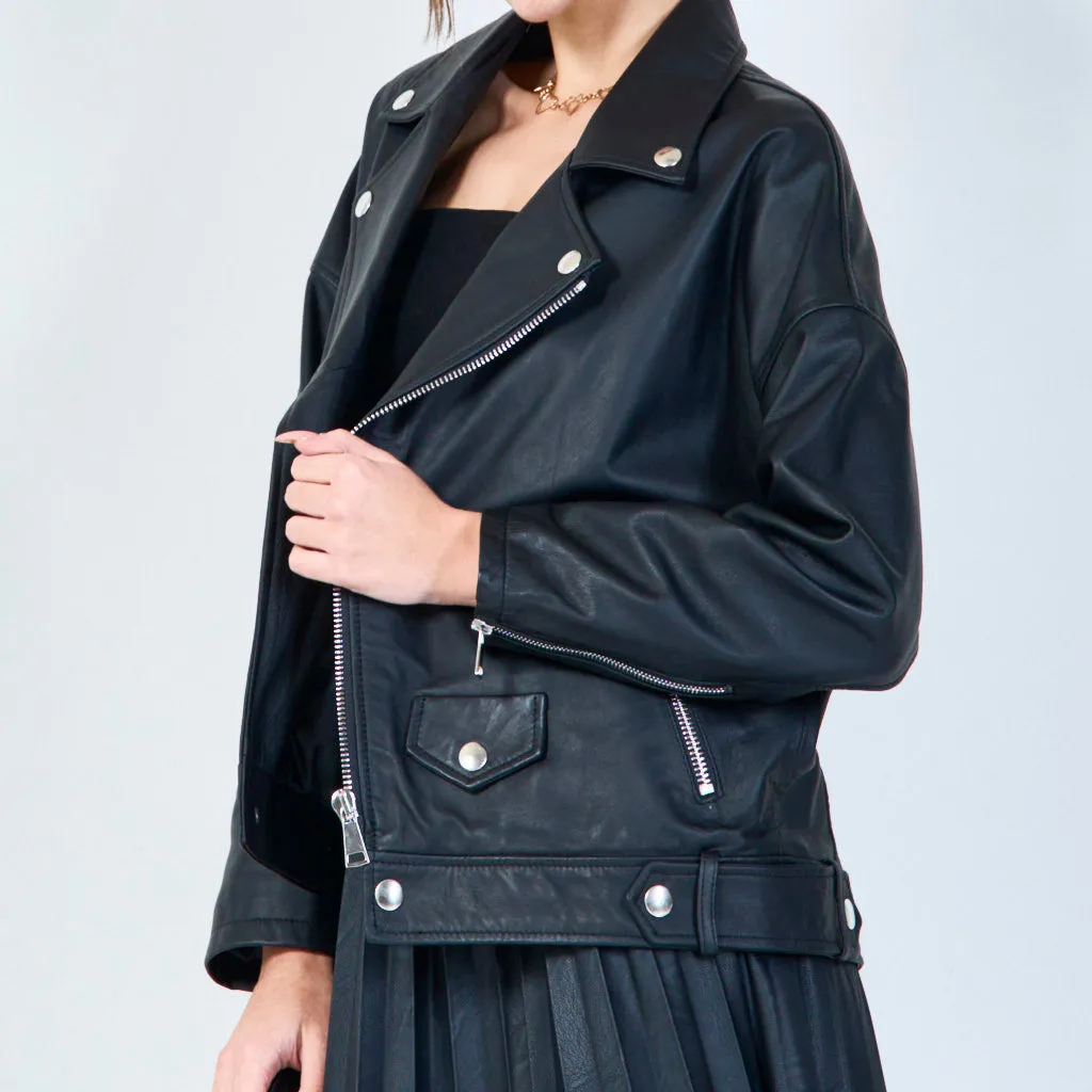 Cropped moto leather jacket with zip details wholesale