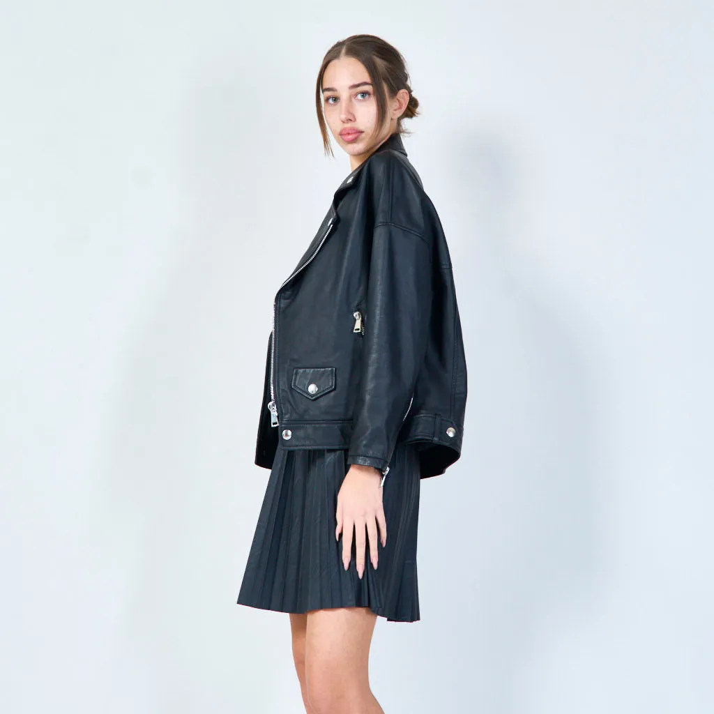 Cropped moto leather jacket with zip details wholesale