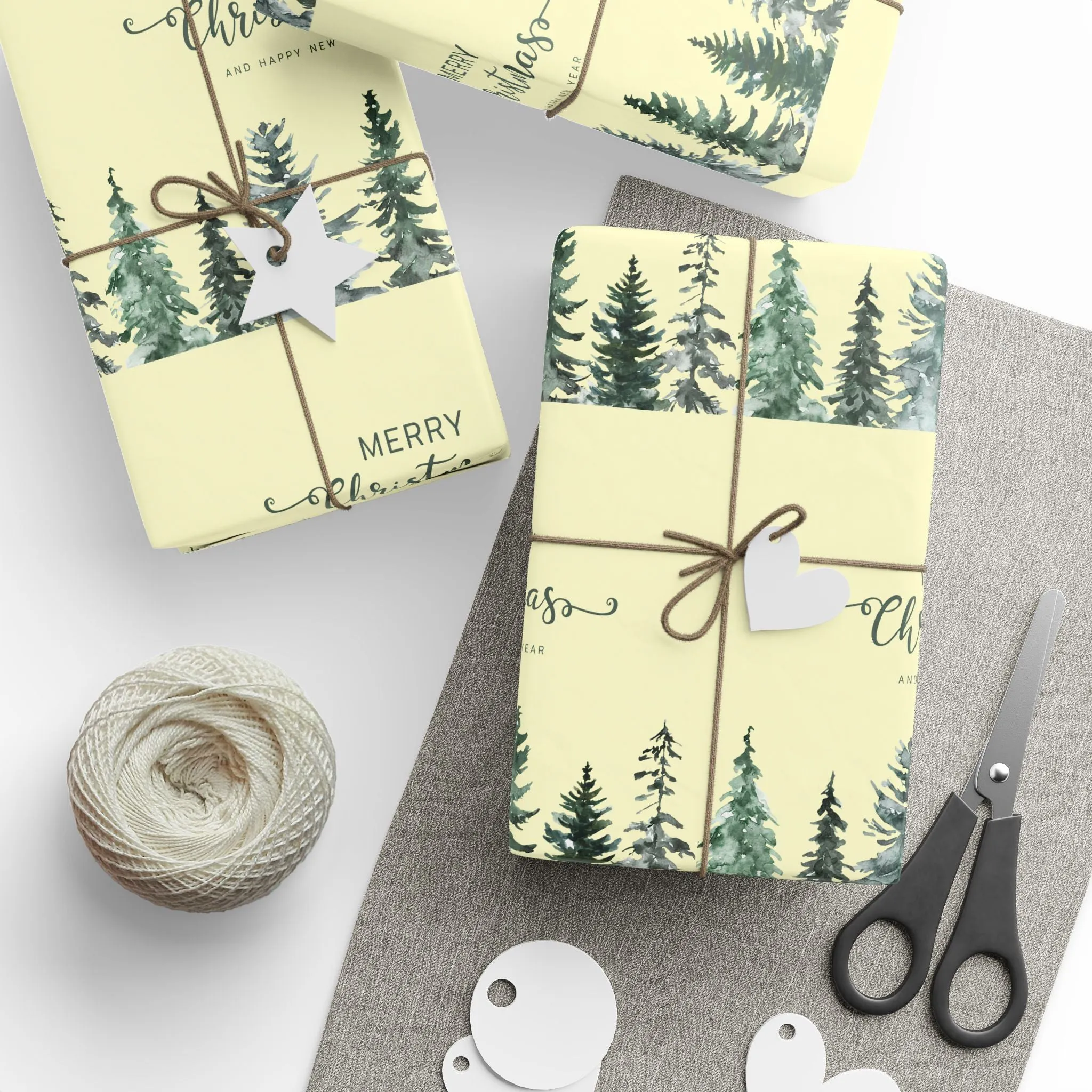 Elegant Evergreen Christmas Wrapping Paper : Minimalist Holiday Gift Wrap with Trees & Script Text, Perfect for Formal Gifting