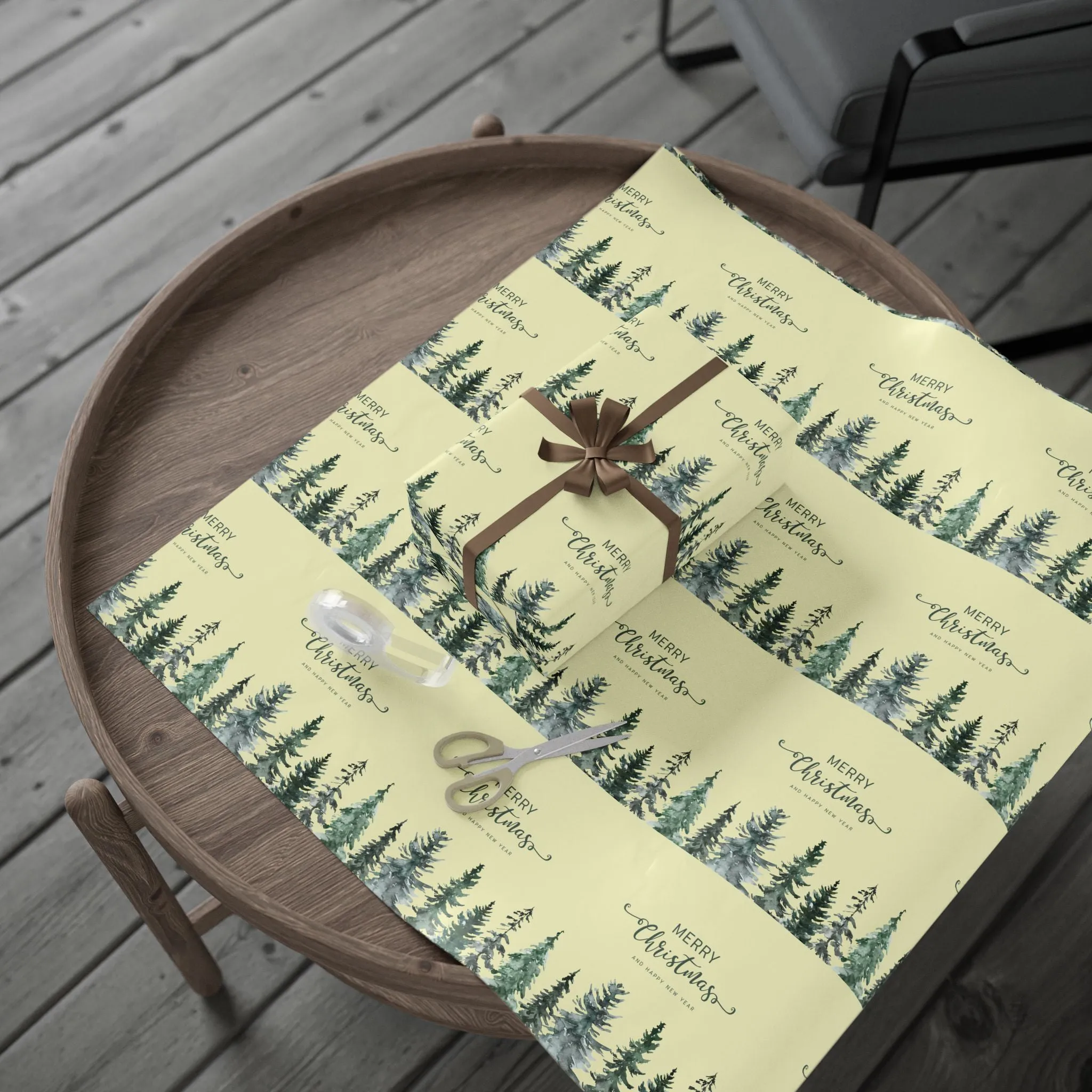 Elegant Evergreen Christmas Wrapping Paper : Minimalist Holiday Gift Wrap with Trees & Script Text, Perfect for Formal Gifting