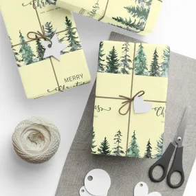 Elegant Evergreen Christmas Wrapping Paper : Minimalist Holiday Gift Wrap with Trees & Script Text, Perfect for Formal Gifting