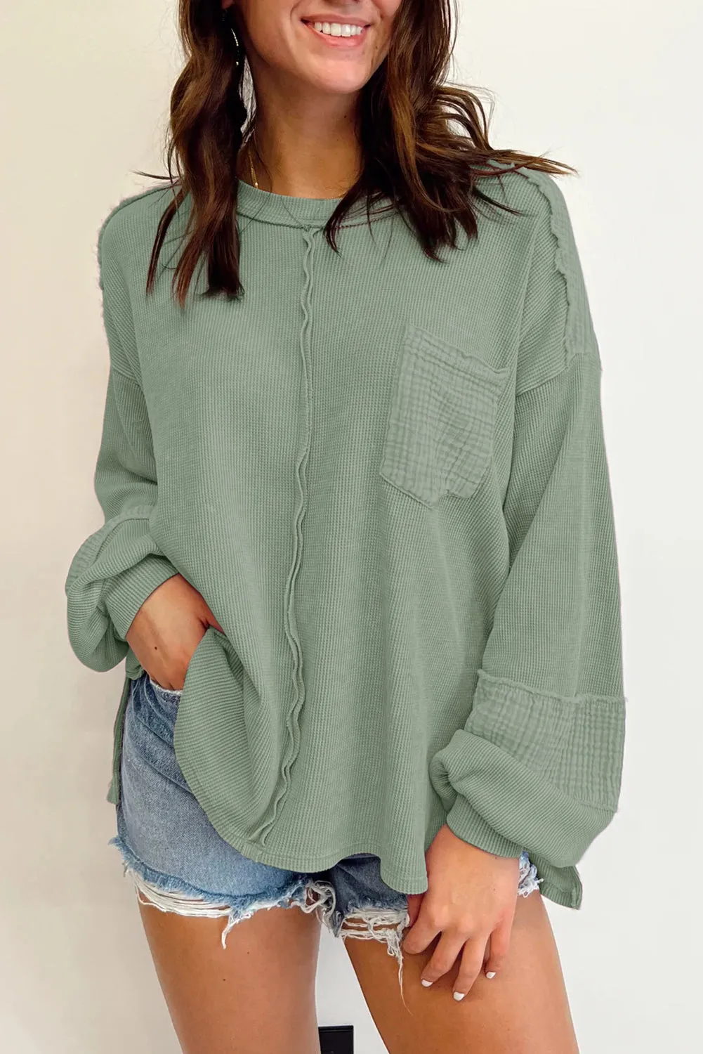 Exposed Seam Patchwork Bubble Sleeve Waffle Knit Top