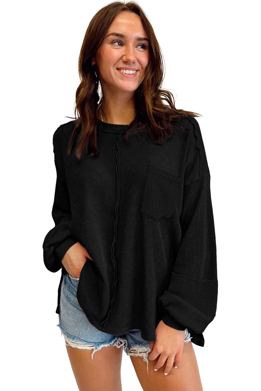 Exposed Seam Patchwork Bubble Sleeve Waffle Knit Top