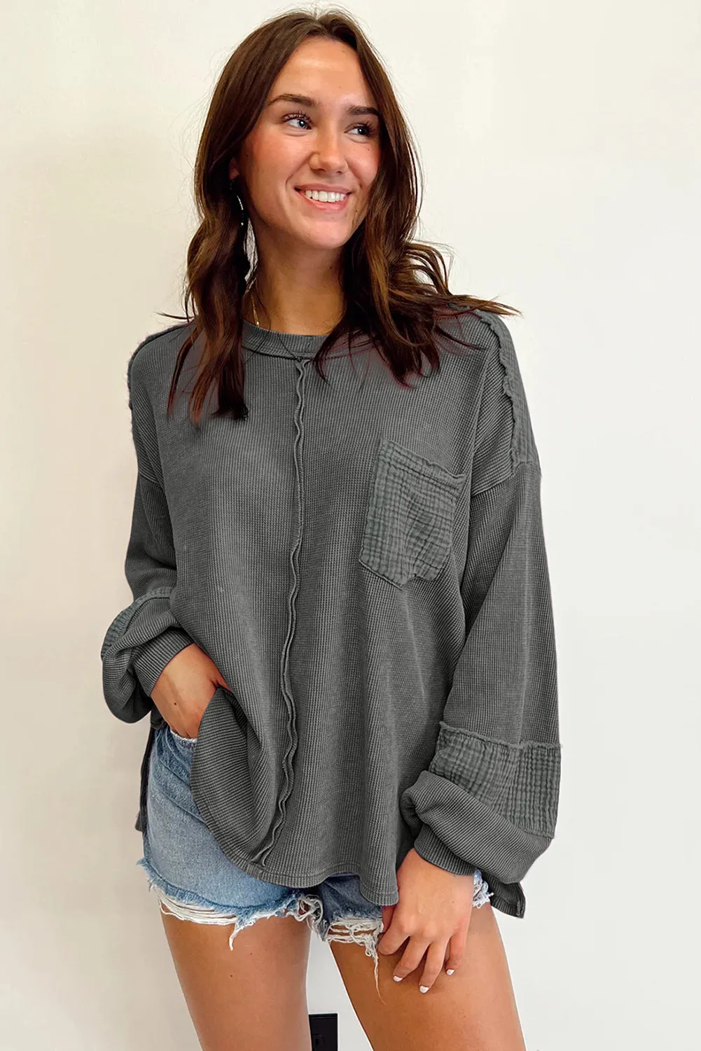 Exposed Seam Patchwork Bubble Sleeve Waffle Knit Top