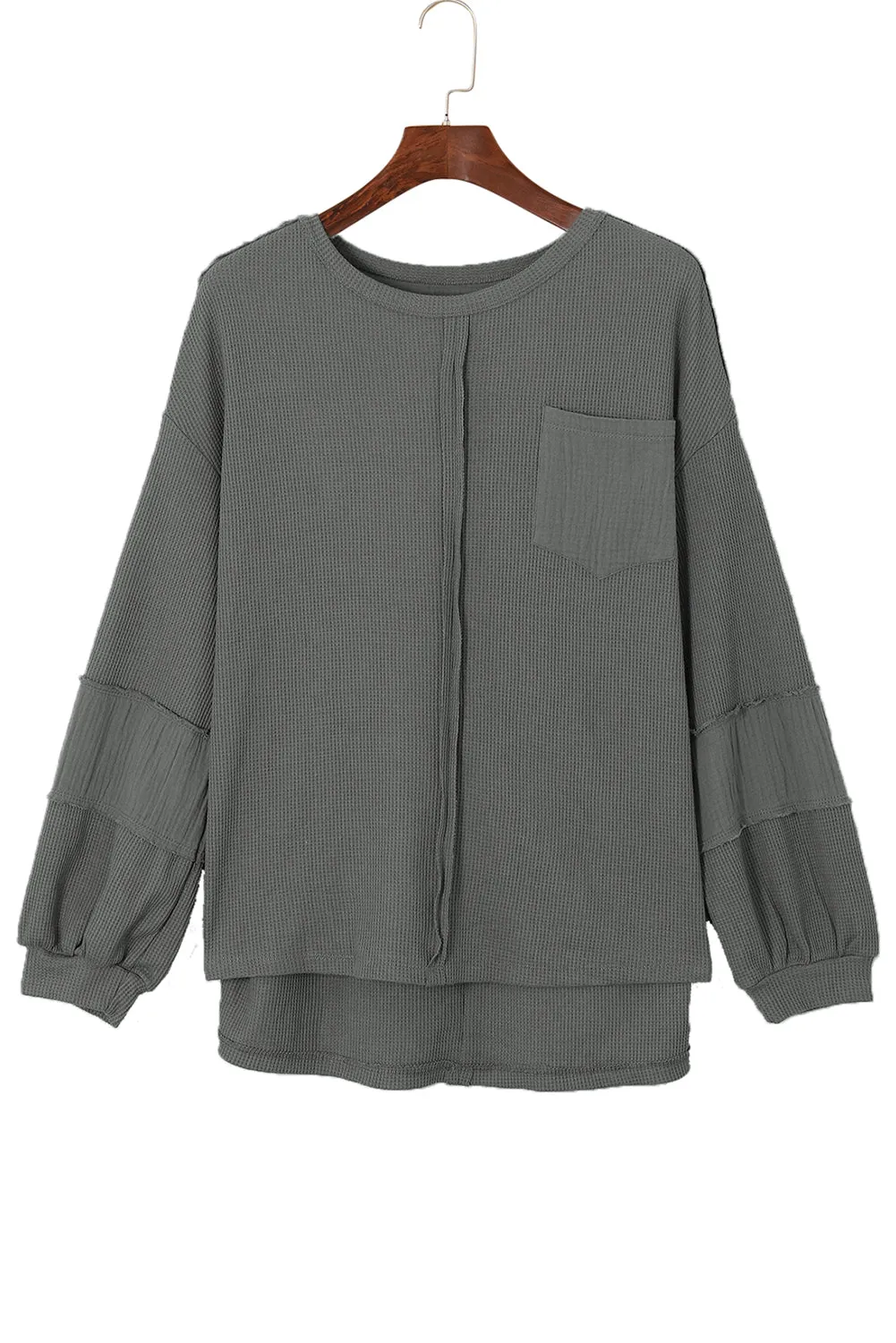Exposed Seam Patchwork Bubble Sleeve Waffle Knit Top