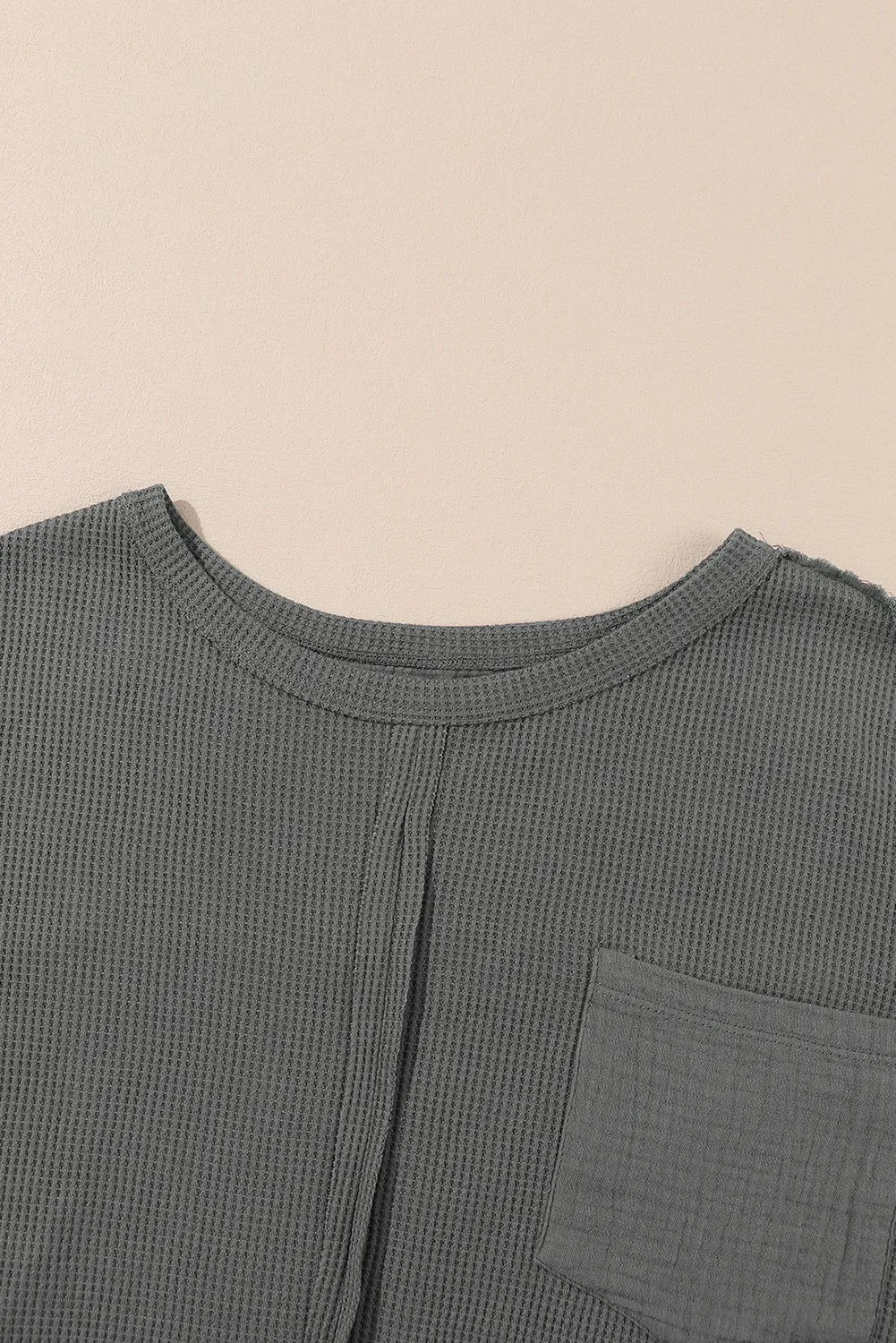 Exposed Seam Patchwork Bubble Sleeve Waffle Knit Top