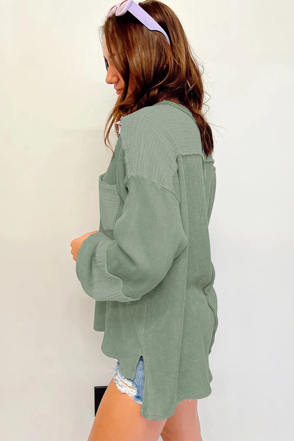 Exposed Seam Patchwork Bubble Sleeve Waffle Knit Top