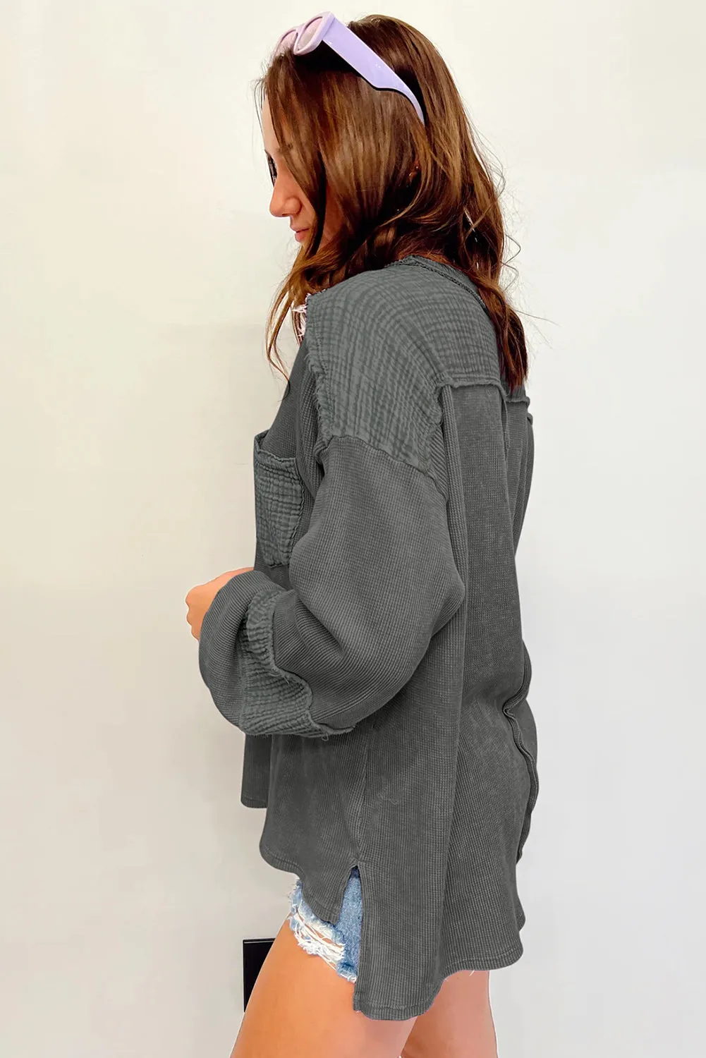 Exposed Seam Patchwork Bubble Sleeve Waffle Knit Top