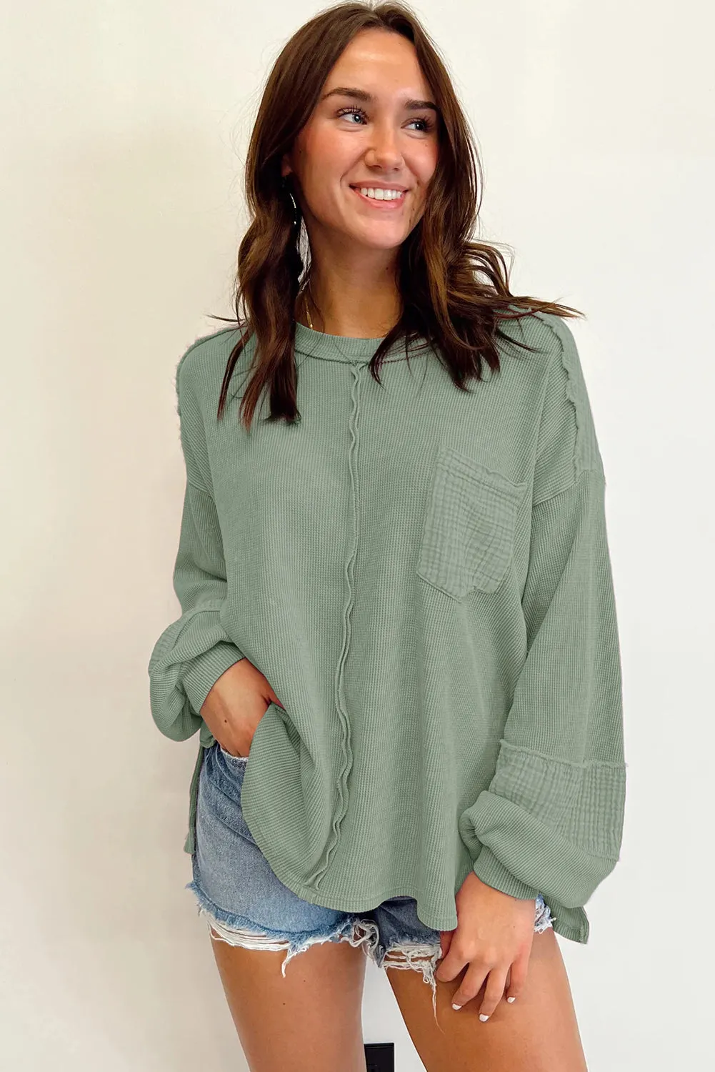 Exposed Seam Patchwork Bubble Sleeve Waffle Knit Top