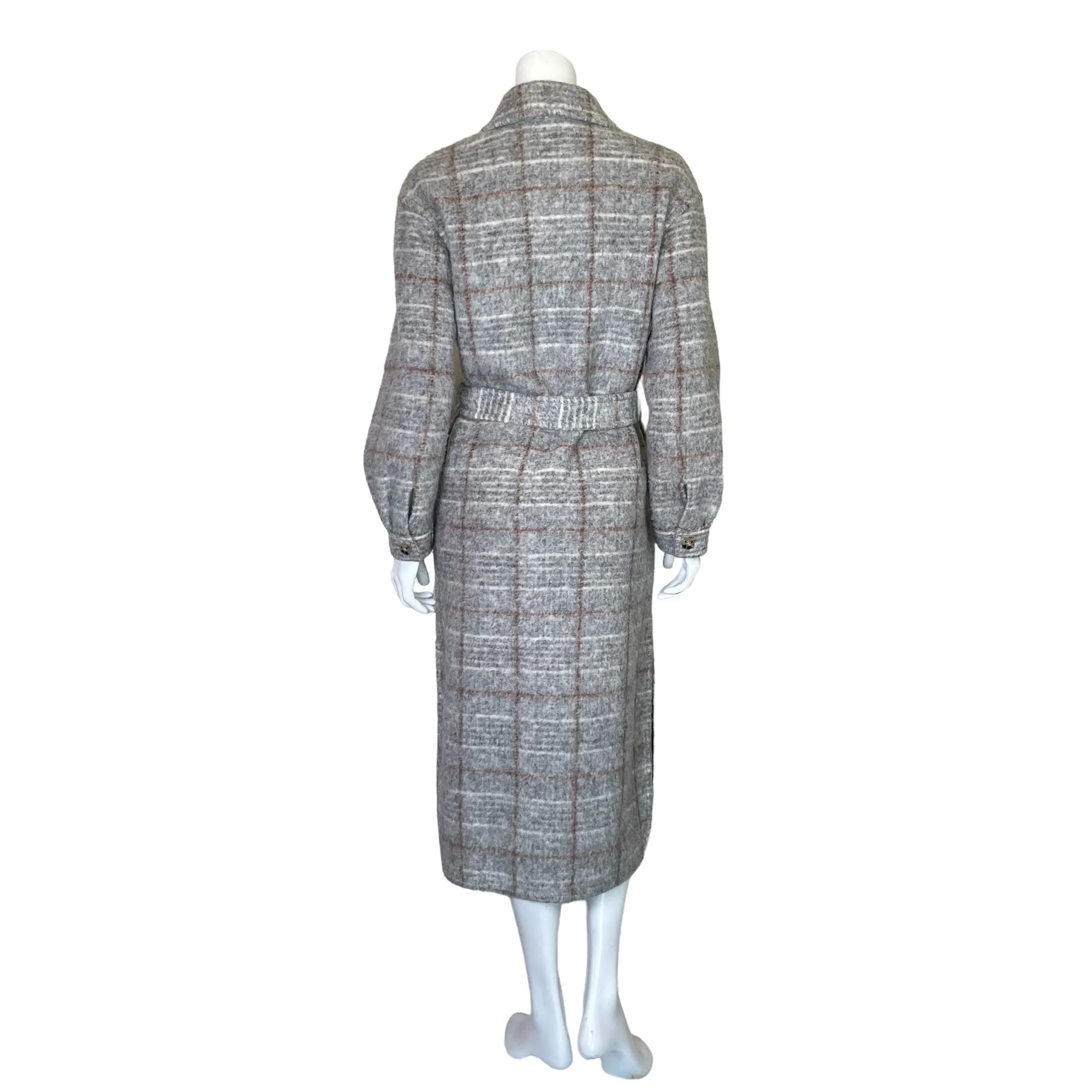 Express | Women's Gray and Brown Plaid Wool Blend Long Trench Coat | Size: XS