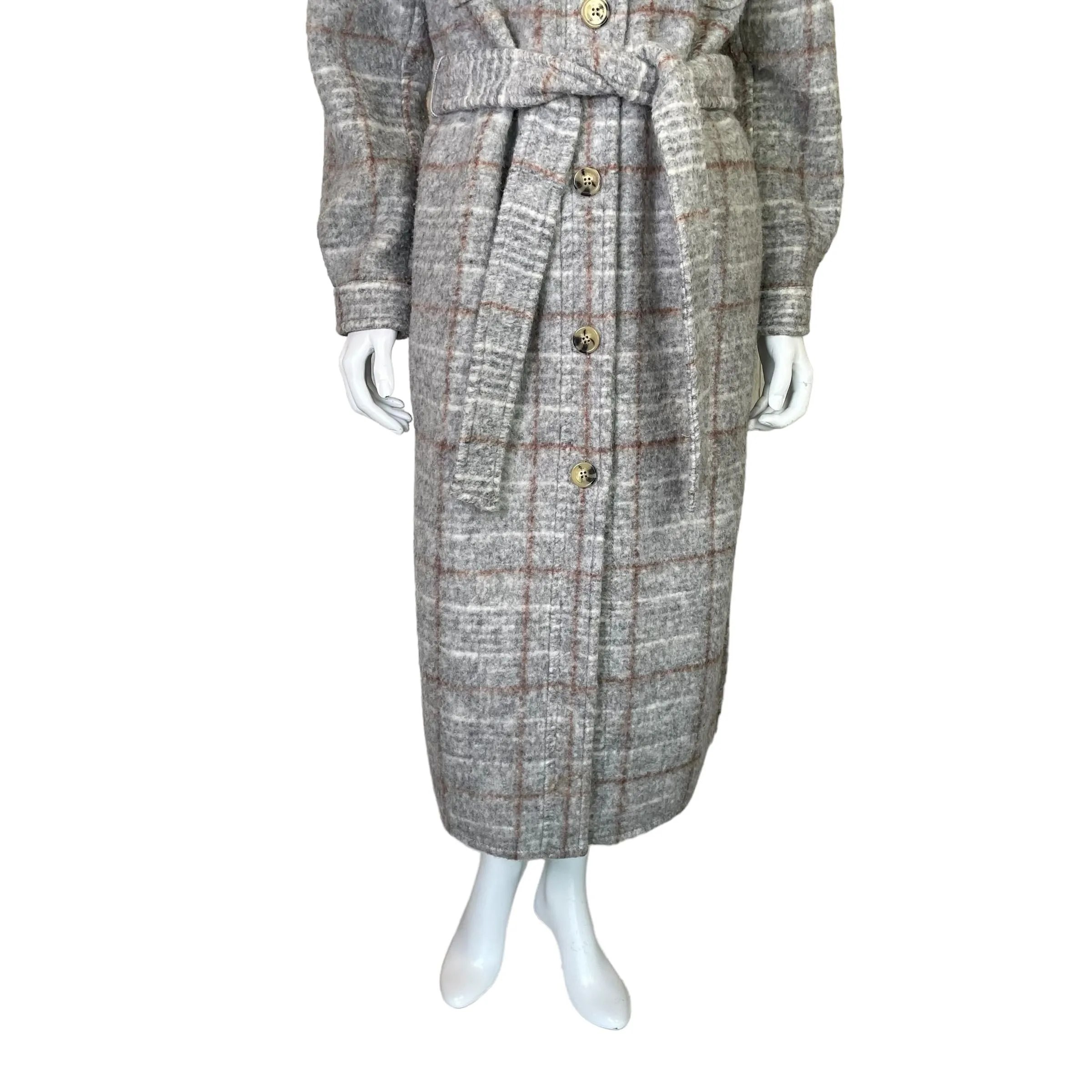Express | Women's Gray and Brown Plaid Wool Blend Long Trench Coat | Size: XS