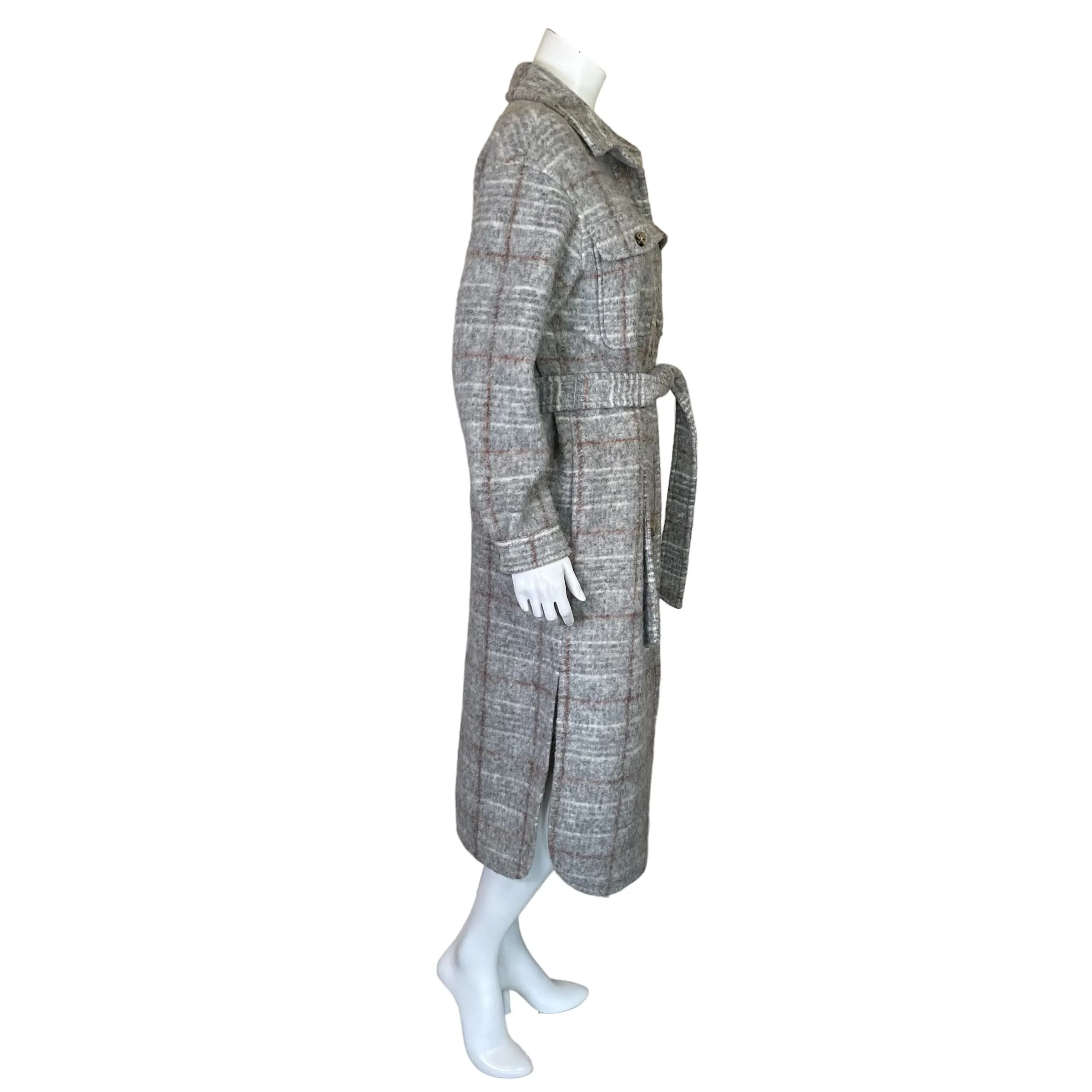 Express | Women's Gray and Brown Plaid Wool Blend Long Trench Coat | Size: XS