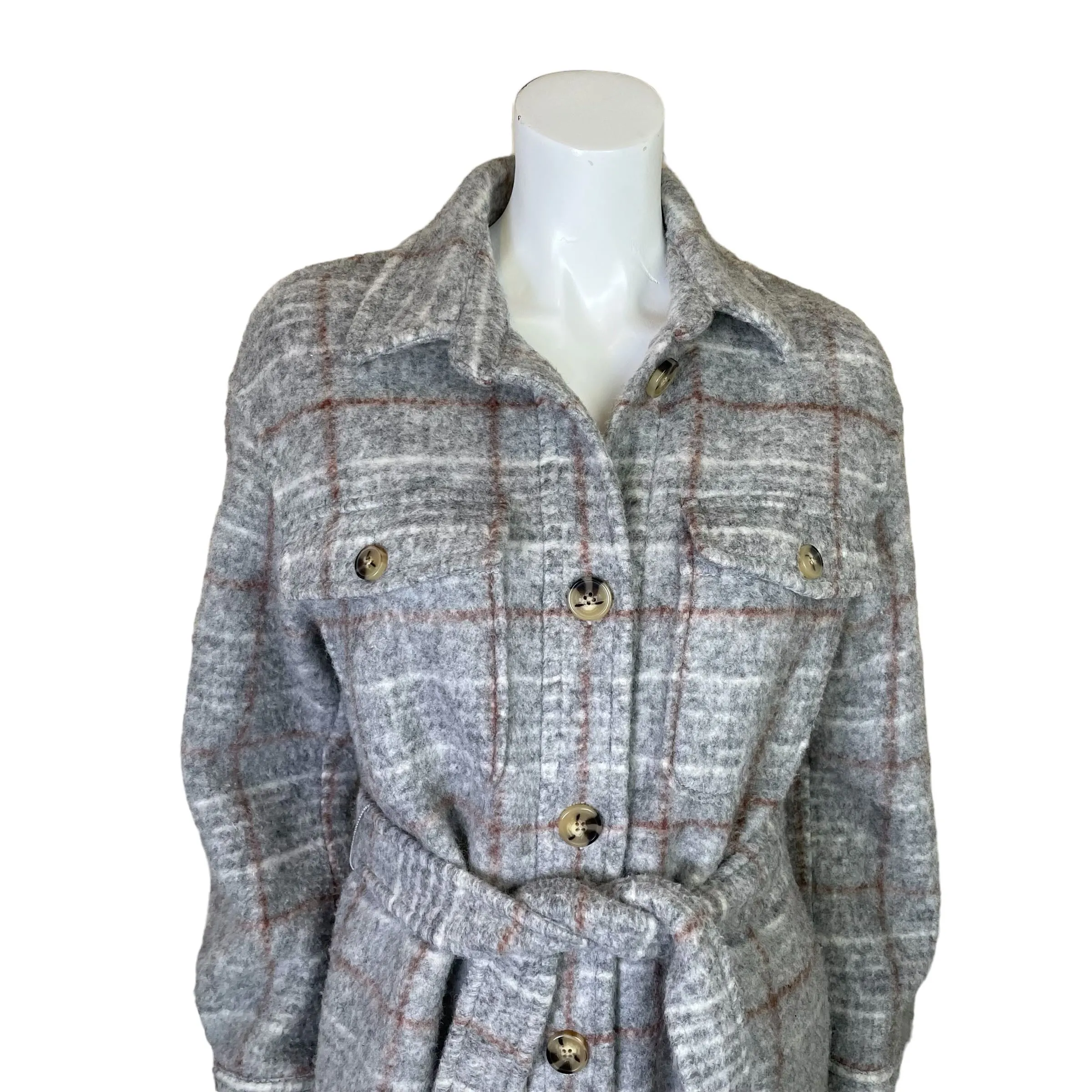 Express | Women's Gray and Brown Plaid Wool Blend Long Trench Coat | Size: XS