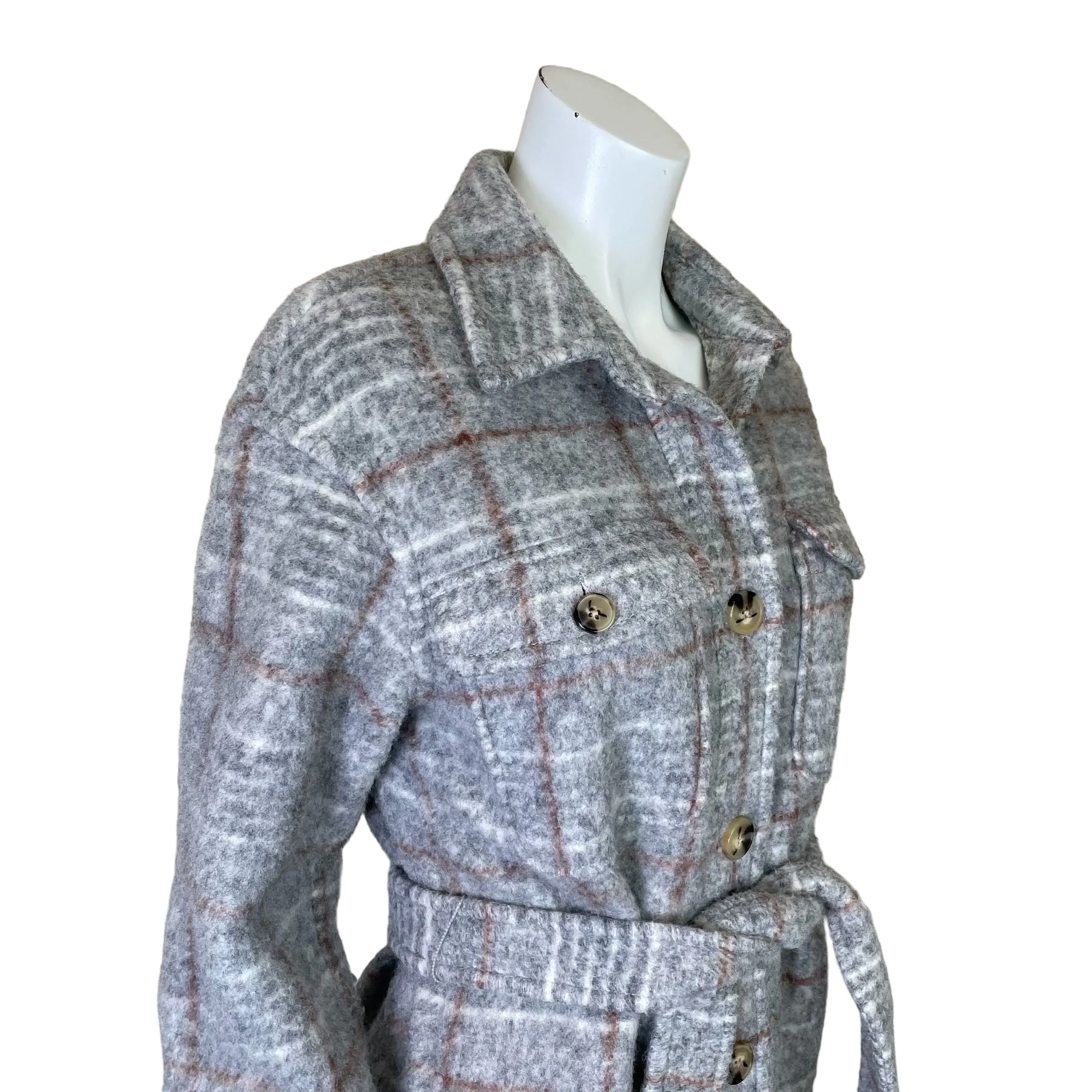 Express | Women's Gray and Brown Plaid Wool Blend Long Trench Coat | Size: XS