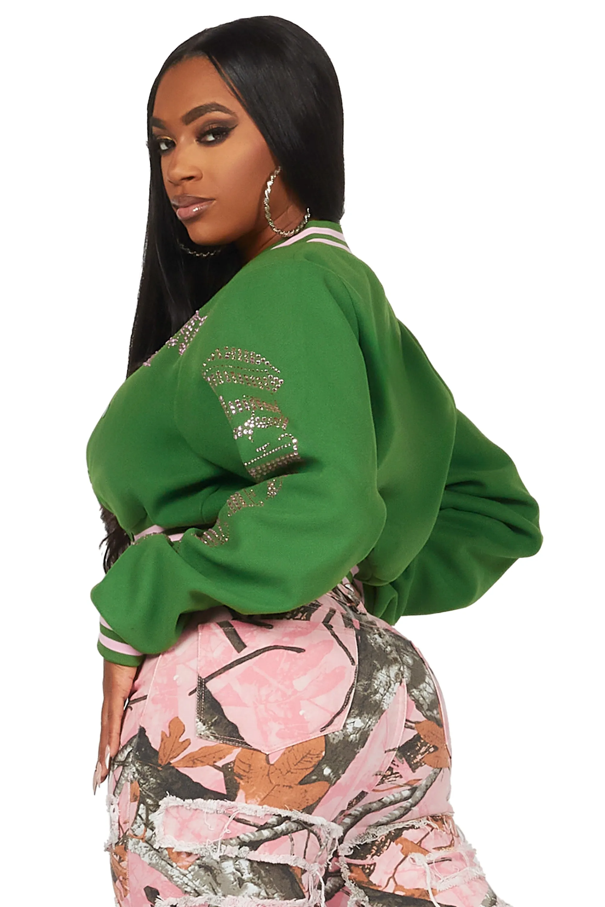 Gianni Green Crop Rhinestone Varsity Jacket