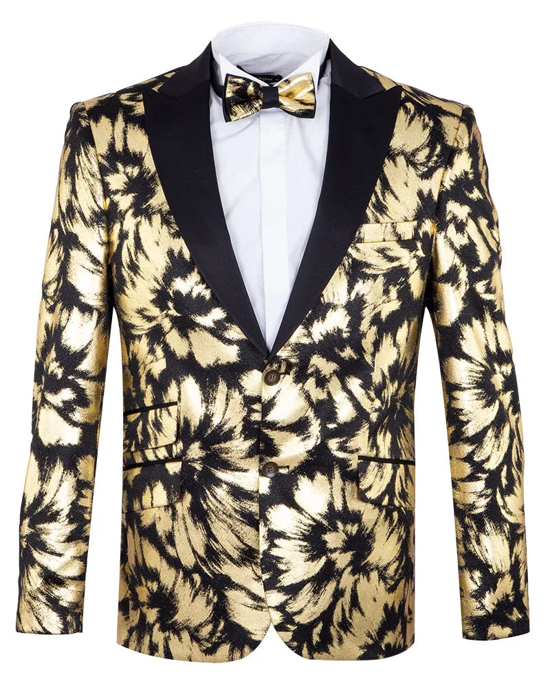Gold Glitter Brush Print Blazer with Contrasting Lapel & Matching Bow Tie