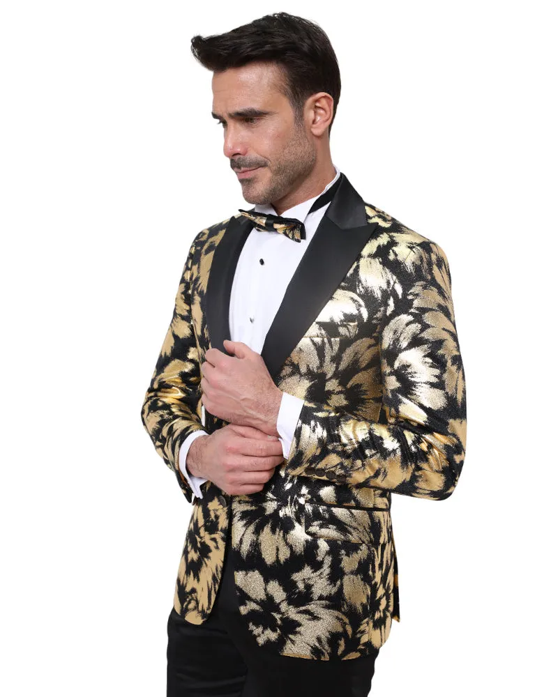 Gold Glitter Brush Print Blazer with Contrasting Lapel & Matching Bow Tie