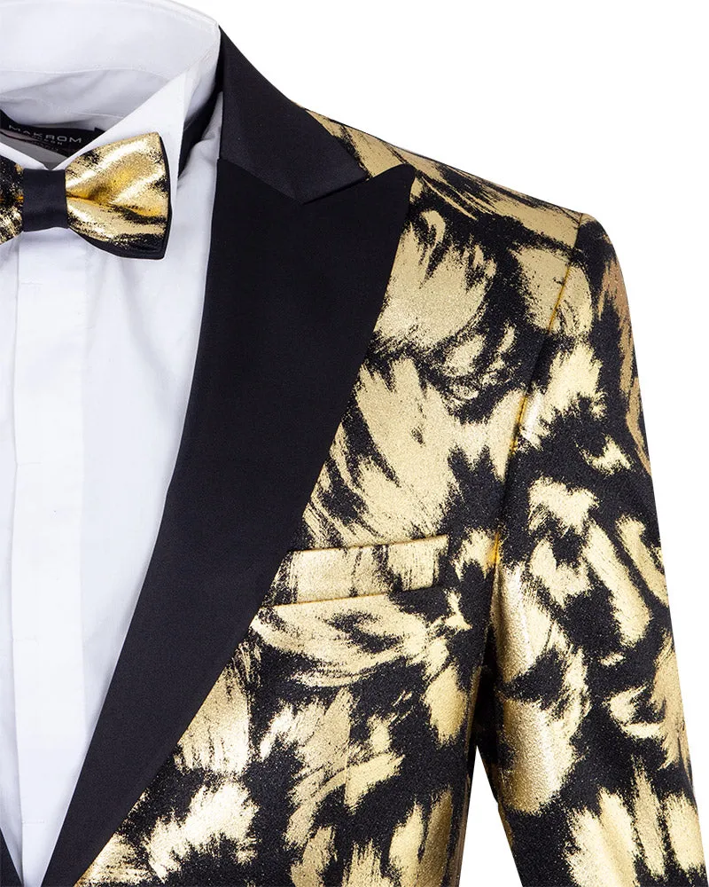 Gold Glitter Brush Print Blazer with Contrasting Lapel & Matching Bow Tie
