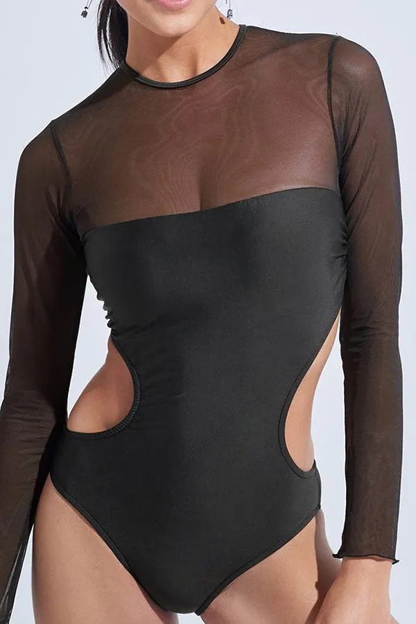 Hit Color Mesh Patchwork Unique Cutout One Piece Swimwear