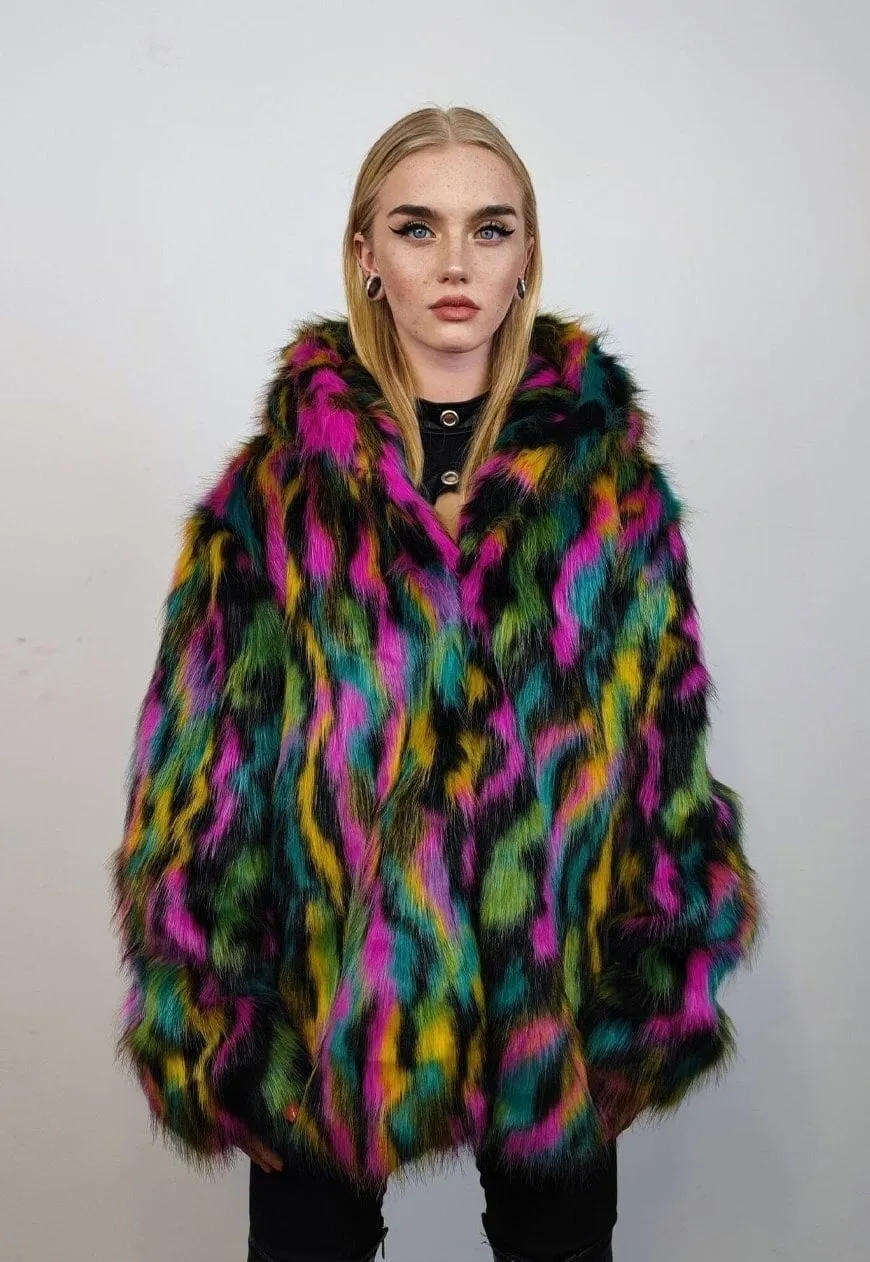 Hooded faux fur stripe neon jacket festival bomber rave coat