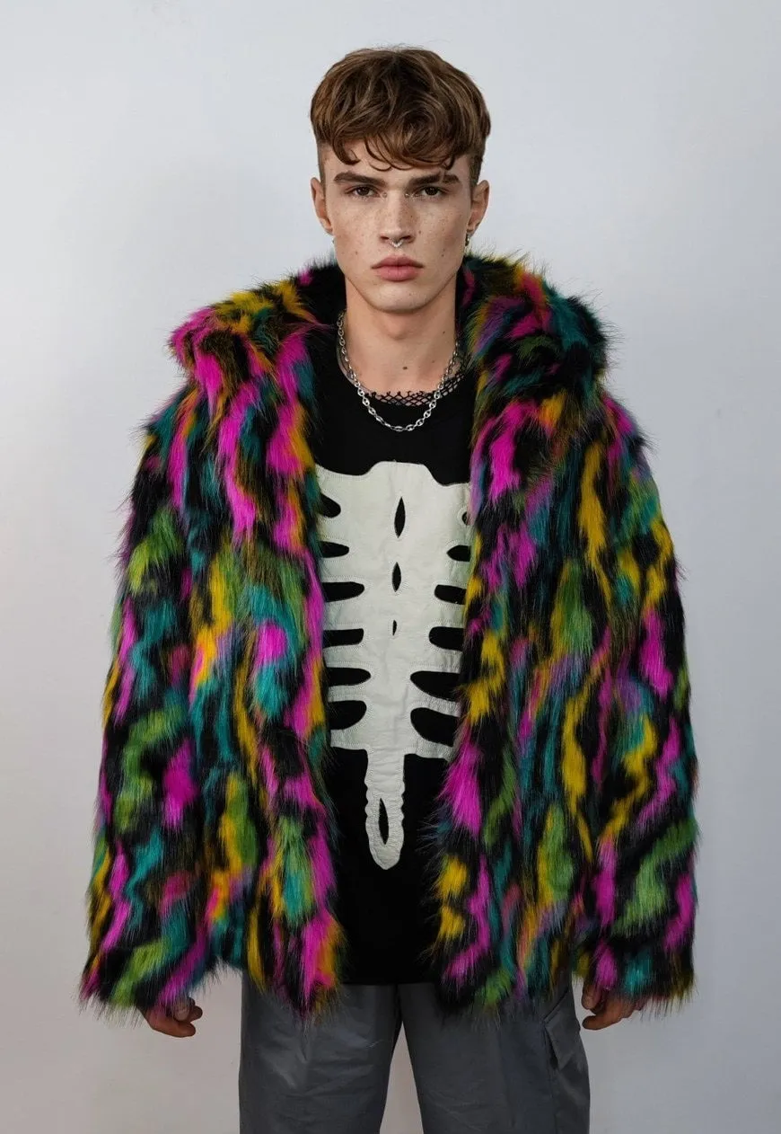 Hooded faux fur stripe neon jacket festival bomber rave coat