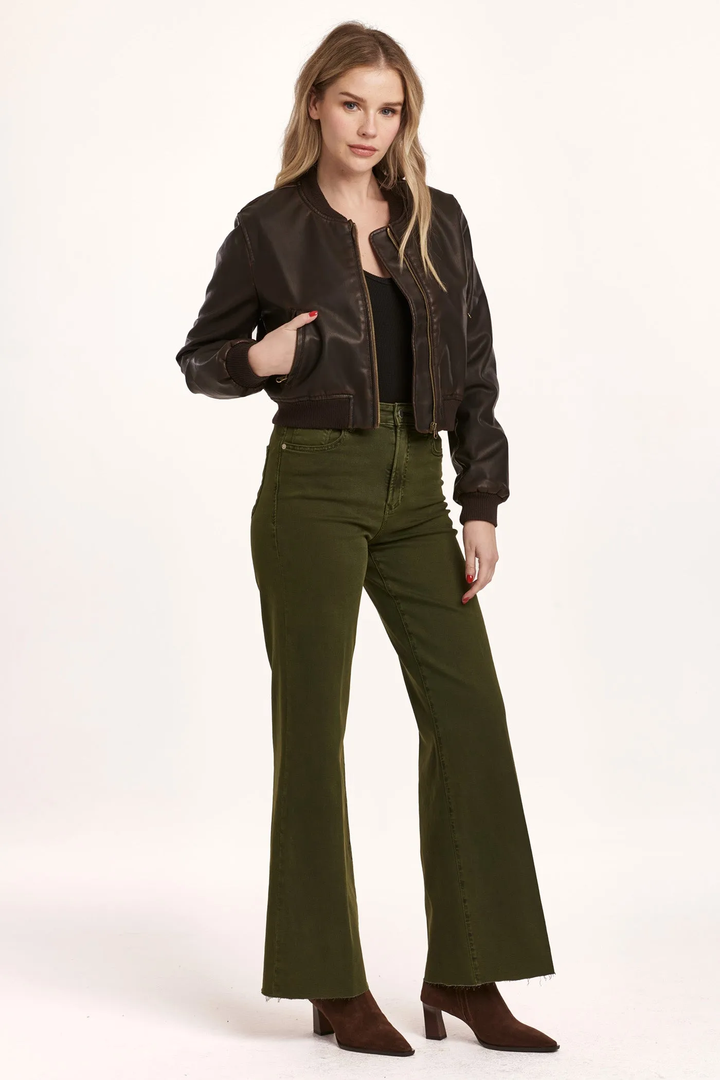 INEZ ZIPPER LONG SLEEVE RELAXED FIT JACKET CACAO VEGAN LEATHER