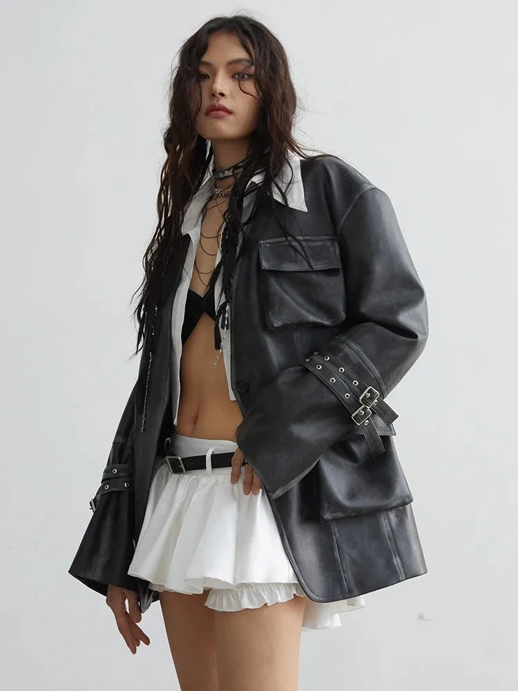 Loose Fit Black Pocket Coat PU Leather Jacket Long Sleeve
