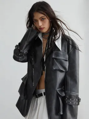 Loose Fit Black Pocket Coat PU Leather Jacket Long Sleeve