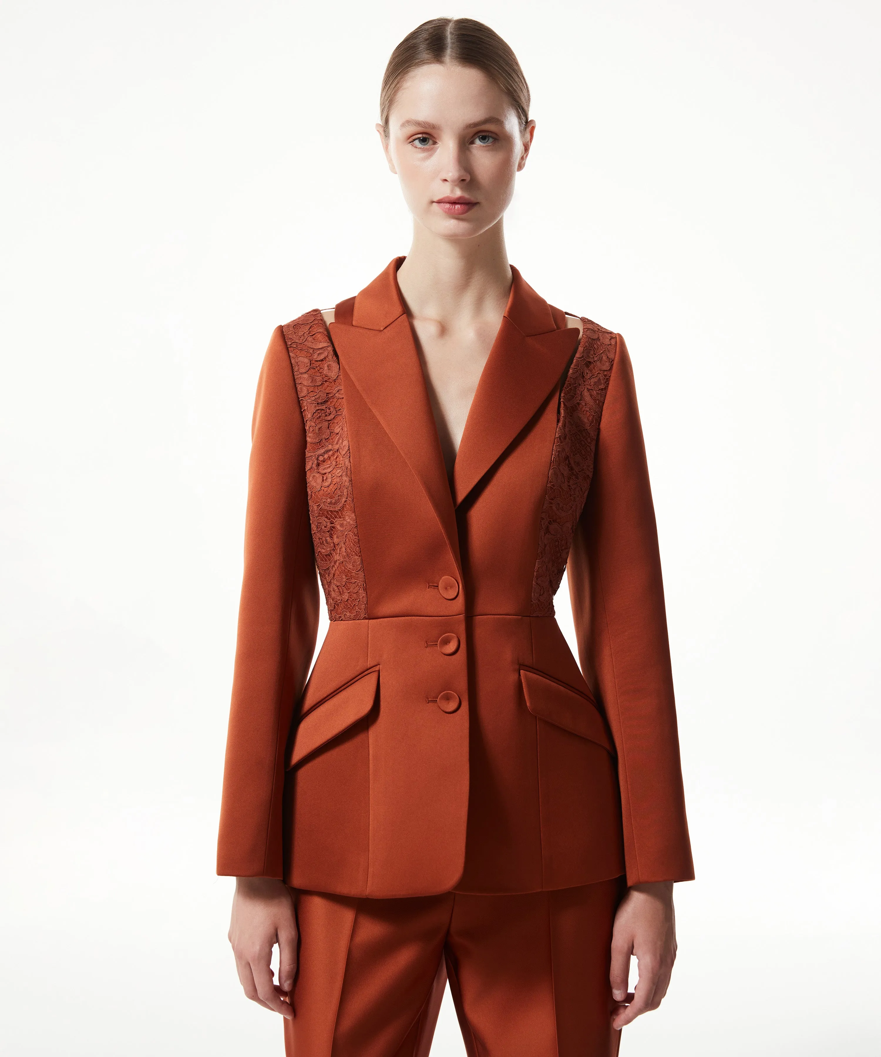 Machka Lace Mix Satin Duchess Blazer Bronze